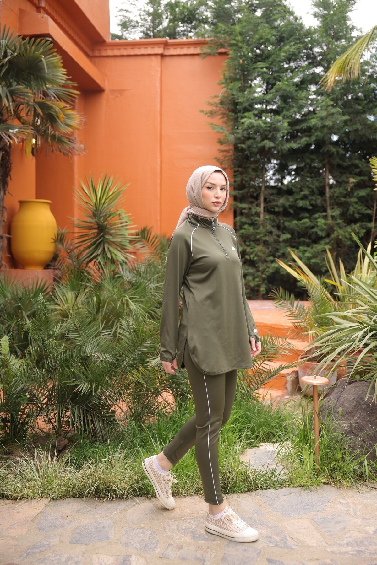 Full Coverage Jogger Fit Scuba Fabric Half-Zip Burkini - Khaki - Wovi