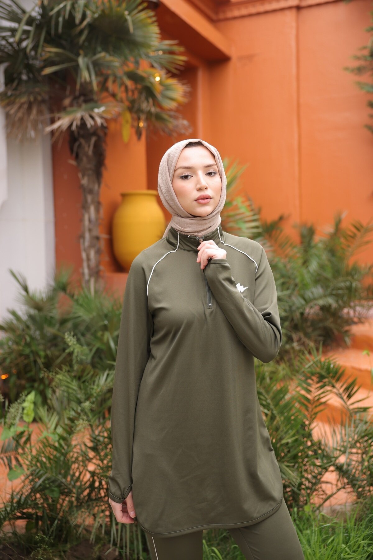 Full Coverage Jogger Fit Scuba Fabric Half-Zip Burkini - Khaki - Wovi
