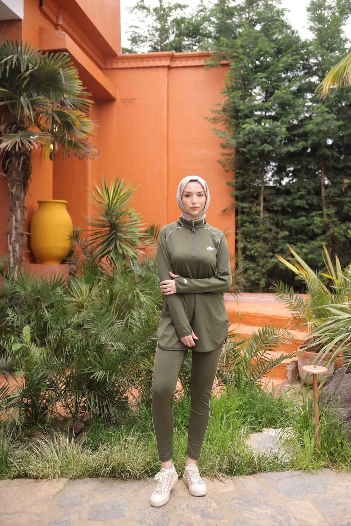 Full Coverage Jogger Fit Scuba Fabric Half-Zip Burkini - Khaki - Wovi