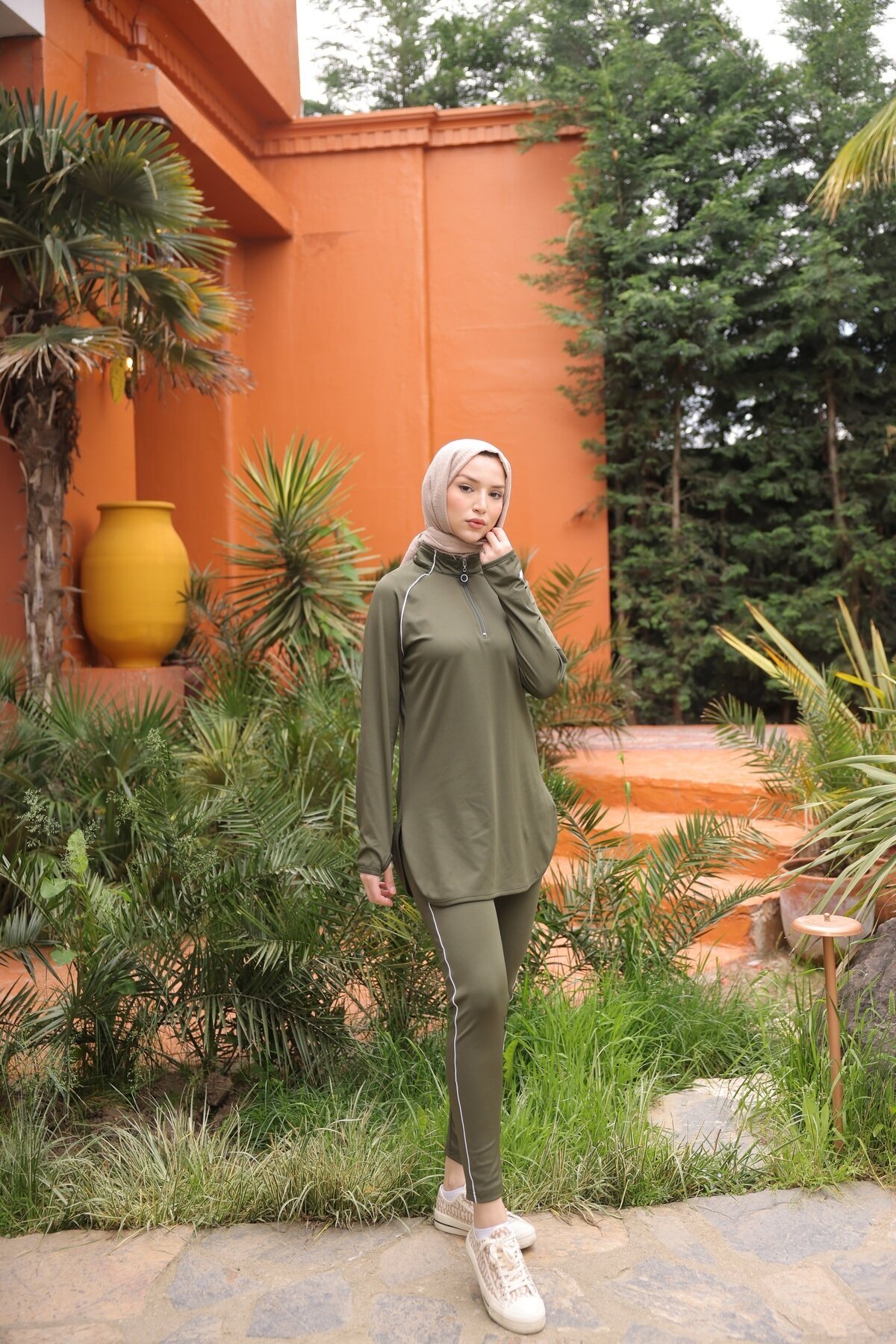 Full Coverage Jogger Fit Scuba Fabric Half-Zip Burkini - Khaki - Wovi