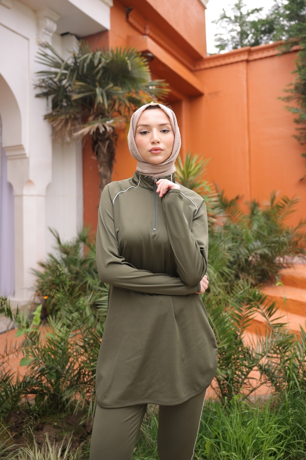 Full Coverage Jogger Fit Scuba Fabric Half-Zip Burkini - Khaki - Wovi
