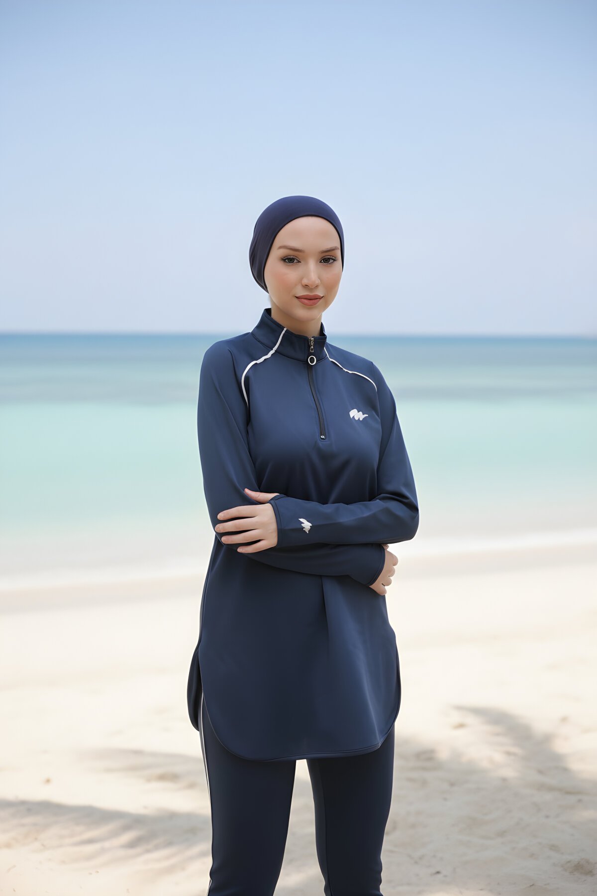 Lacivert Jogger Kalıp Yarım Fermuarlı Dalgıç Kumaş Tam Kapalı Mayo - Wovi