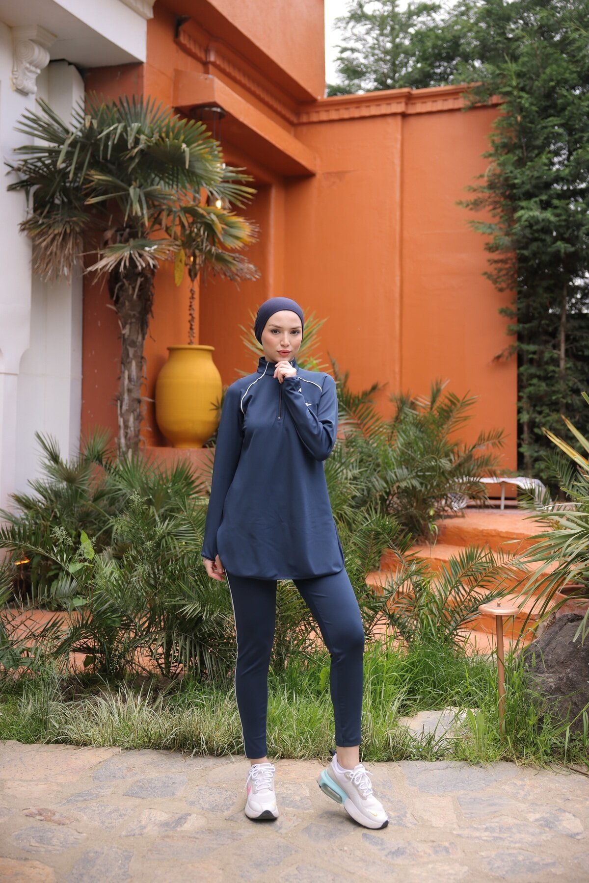 Full Coverage Jogger Fit Scuba Fabric Half-zip Burkini - Navy Blue - Wovi