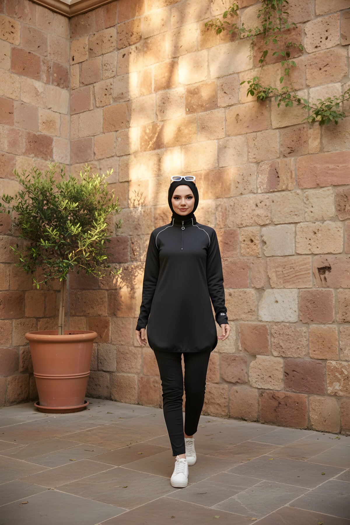 Jogger Scuba Fabric Half-Placket Zippered Tracksuit - Black - Wovi Moda