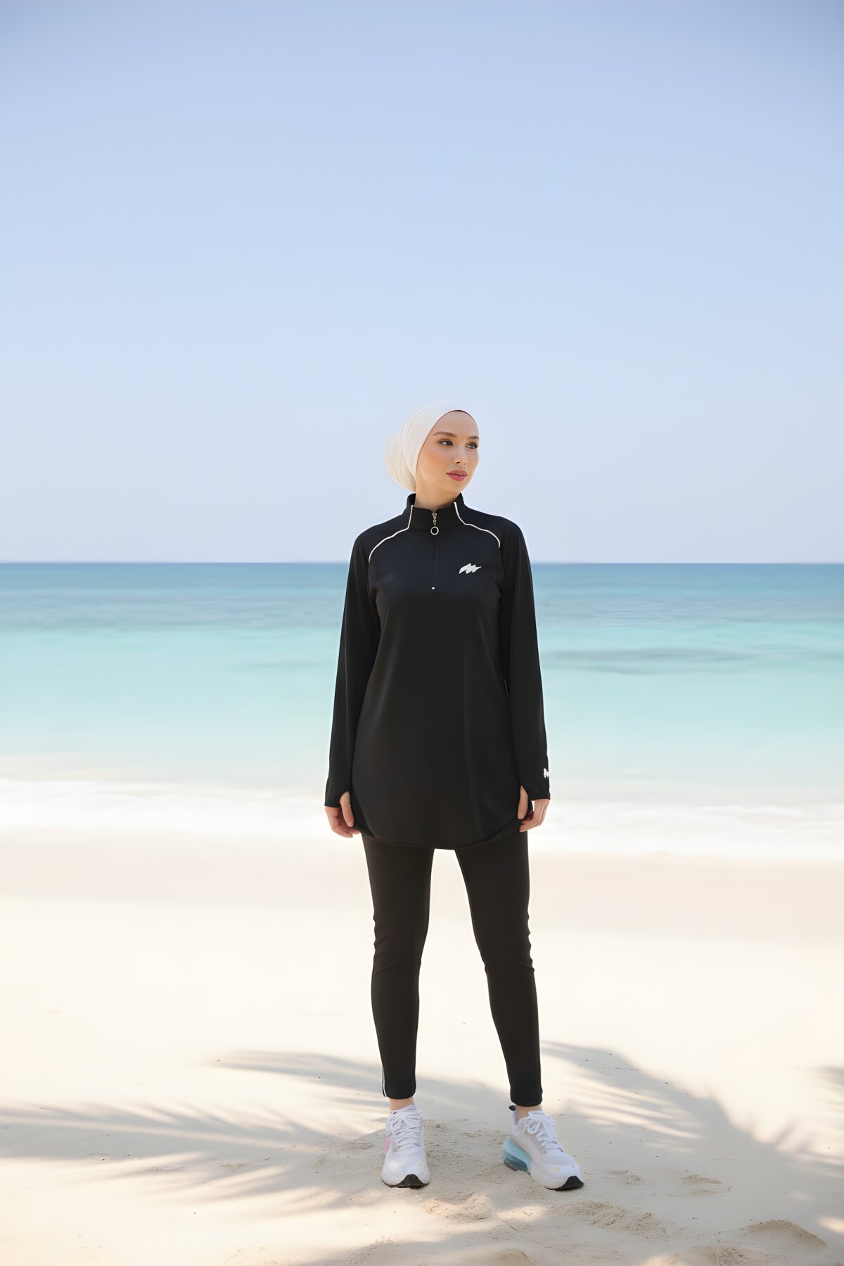 Siyah Kalıp Jogger Yarım Fermuarlı Dalgıç Kumaş Tam Kapalı Mayo - Wovi