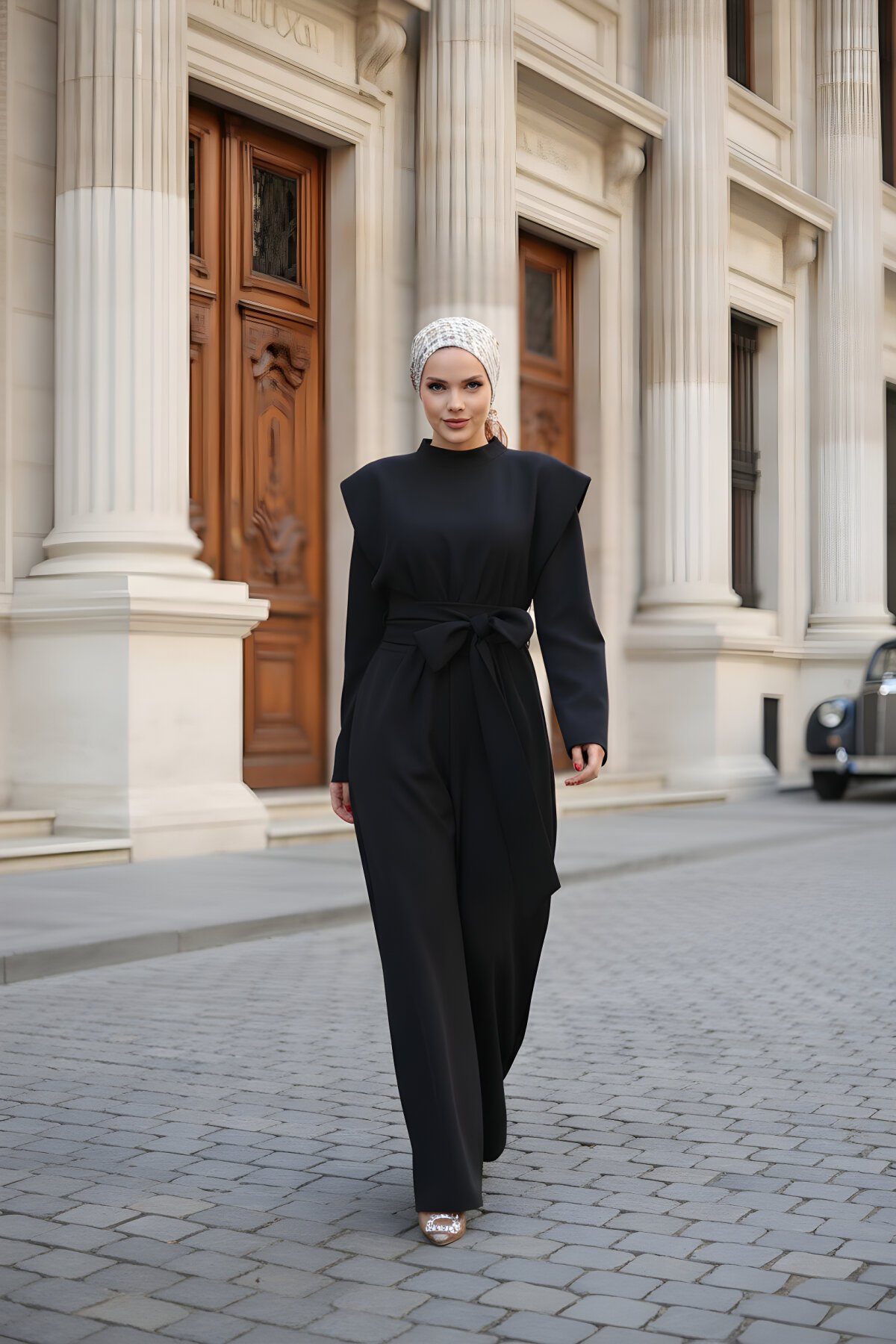 Siyah Salopet Geniş Kuşak Fermuarlı Tulum - Wovi