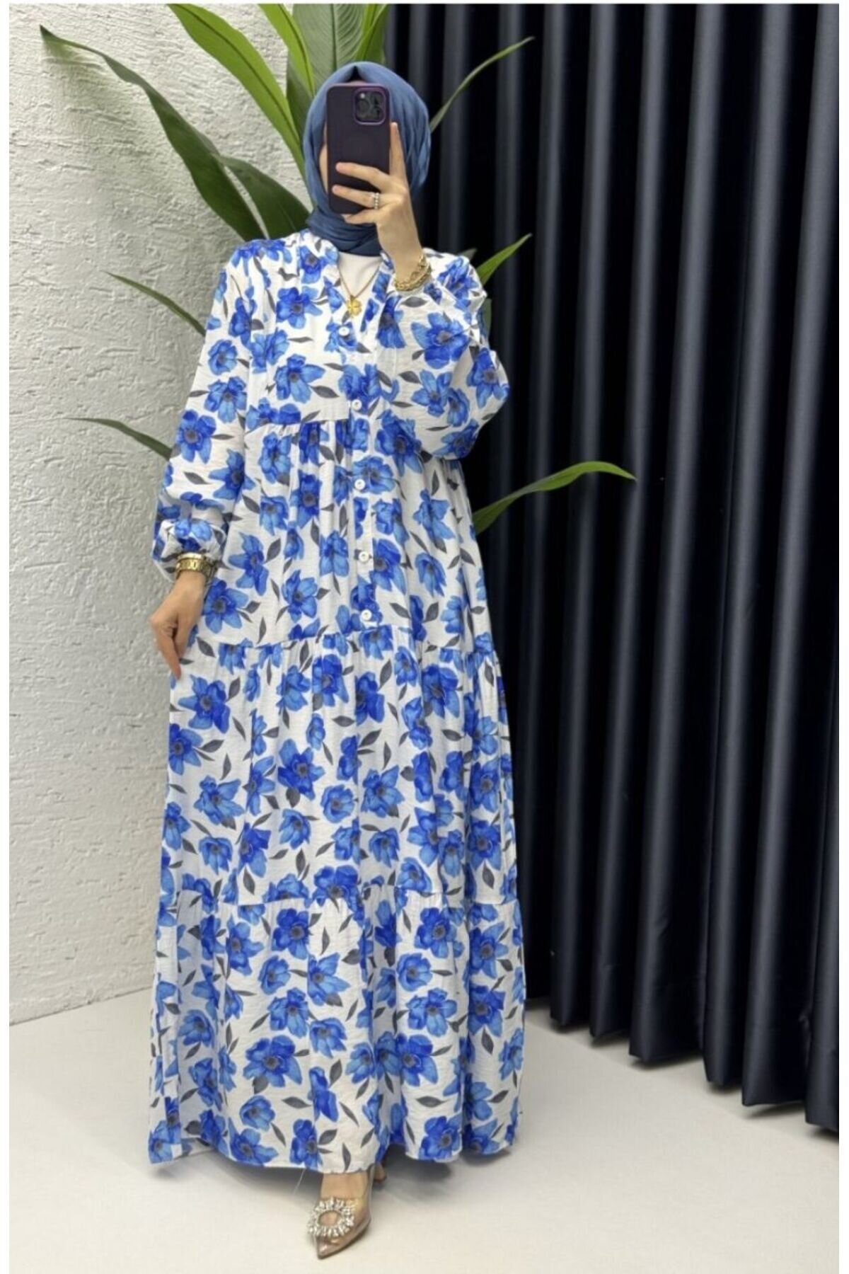 Patterned Modest Dress - Blue - ZARERA
