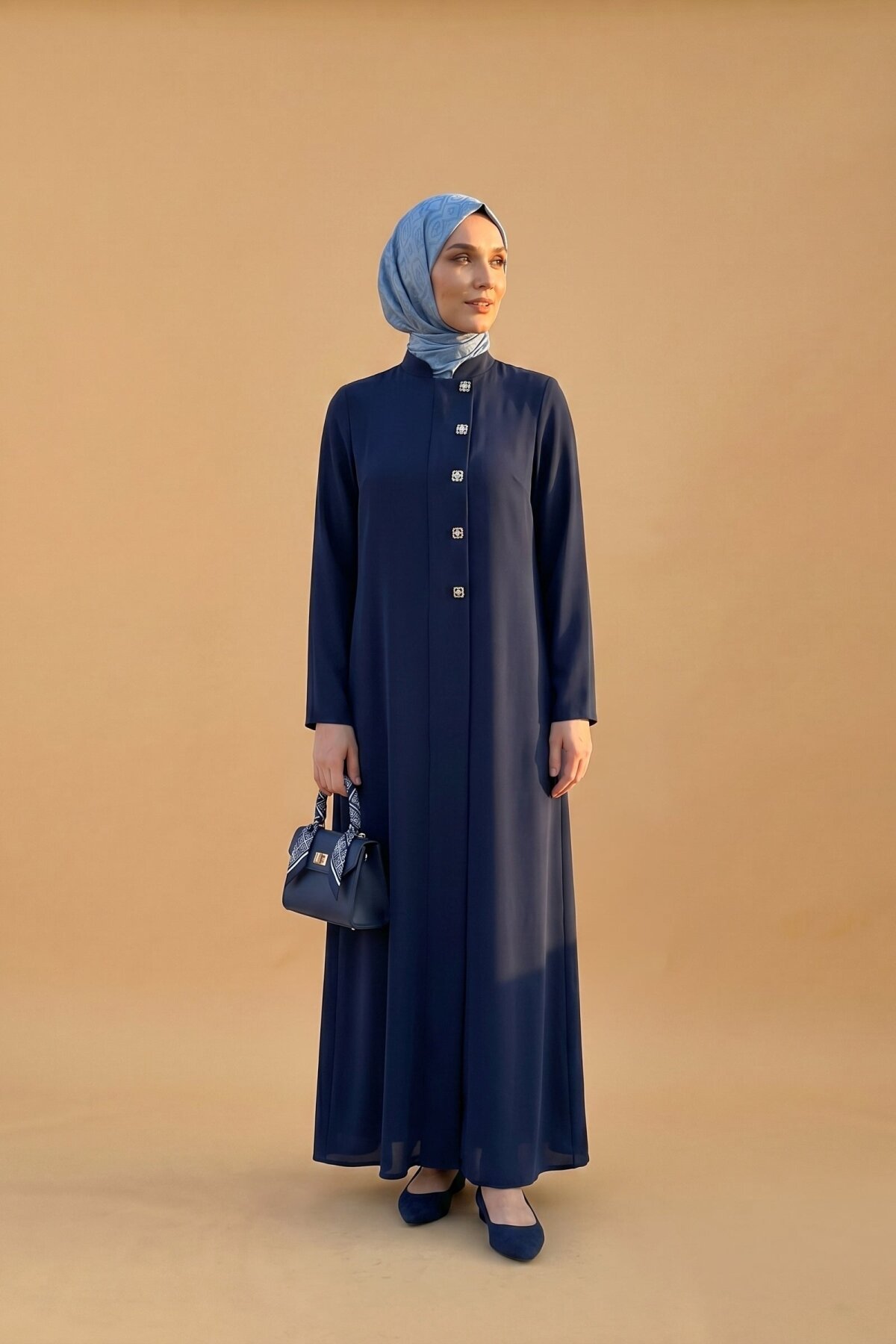 Lacivert Kare Aksesuarlı Ferace - Beyza
