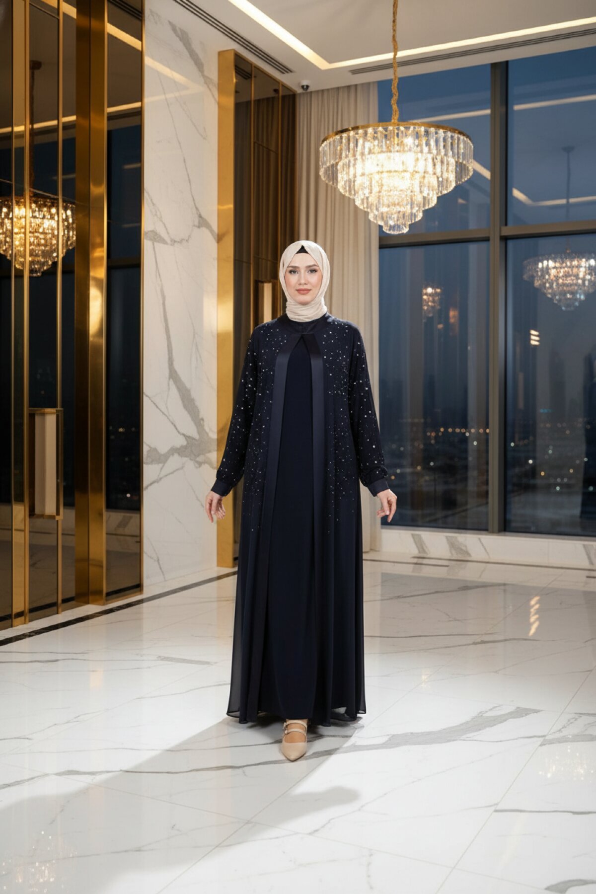 Lacivert Şifon Taş Detaylı Ferace Takım - Beyza