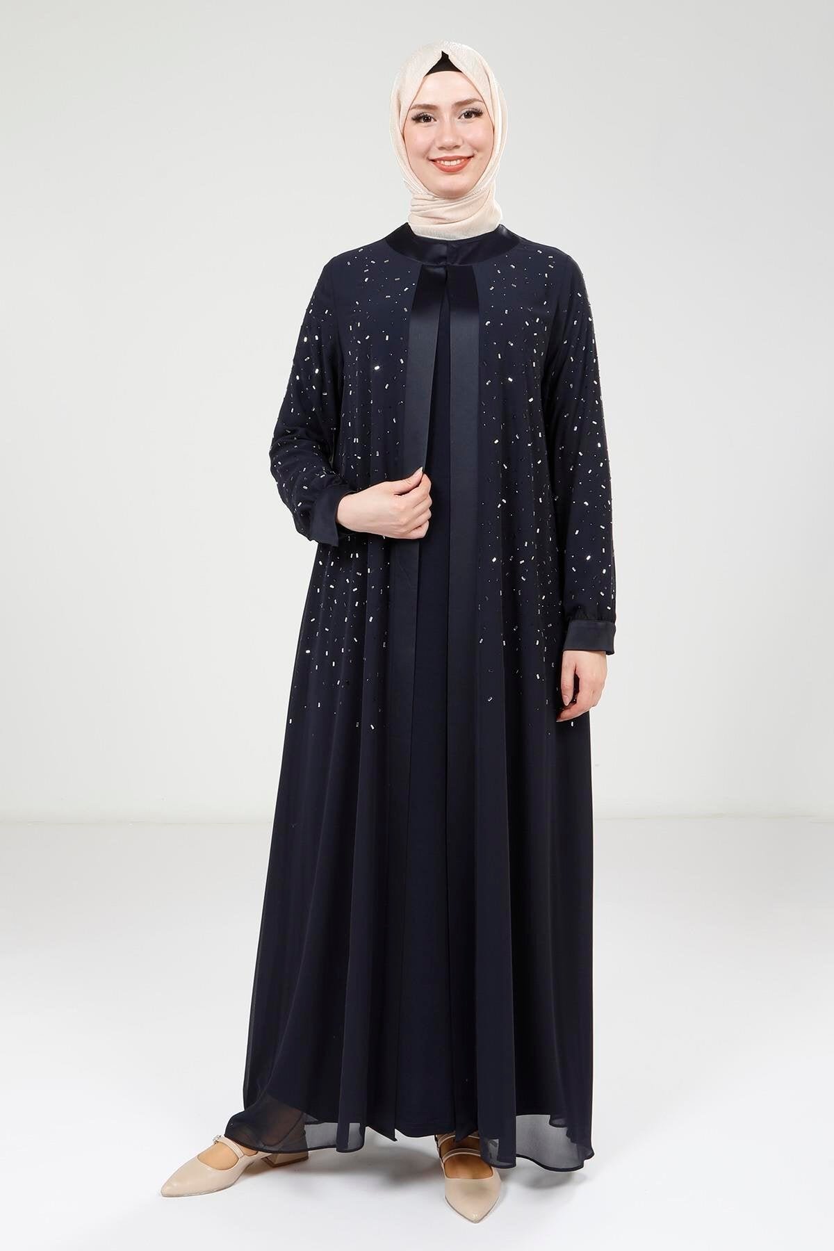 Chiffon Stone-Detail Abaya Set - Navy Blue - Beyza