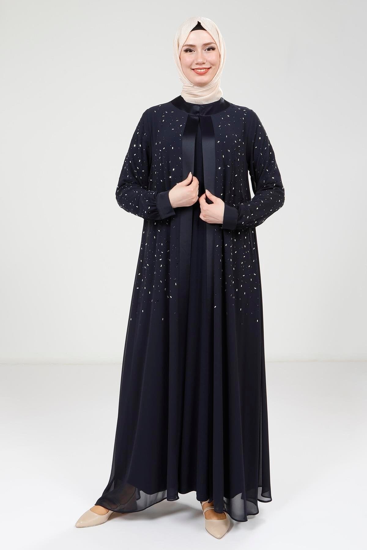 Chiffon Stone-Detail Abaya Set - Navy Blue - Beyza