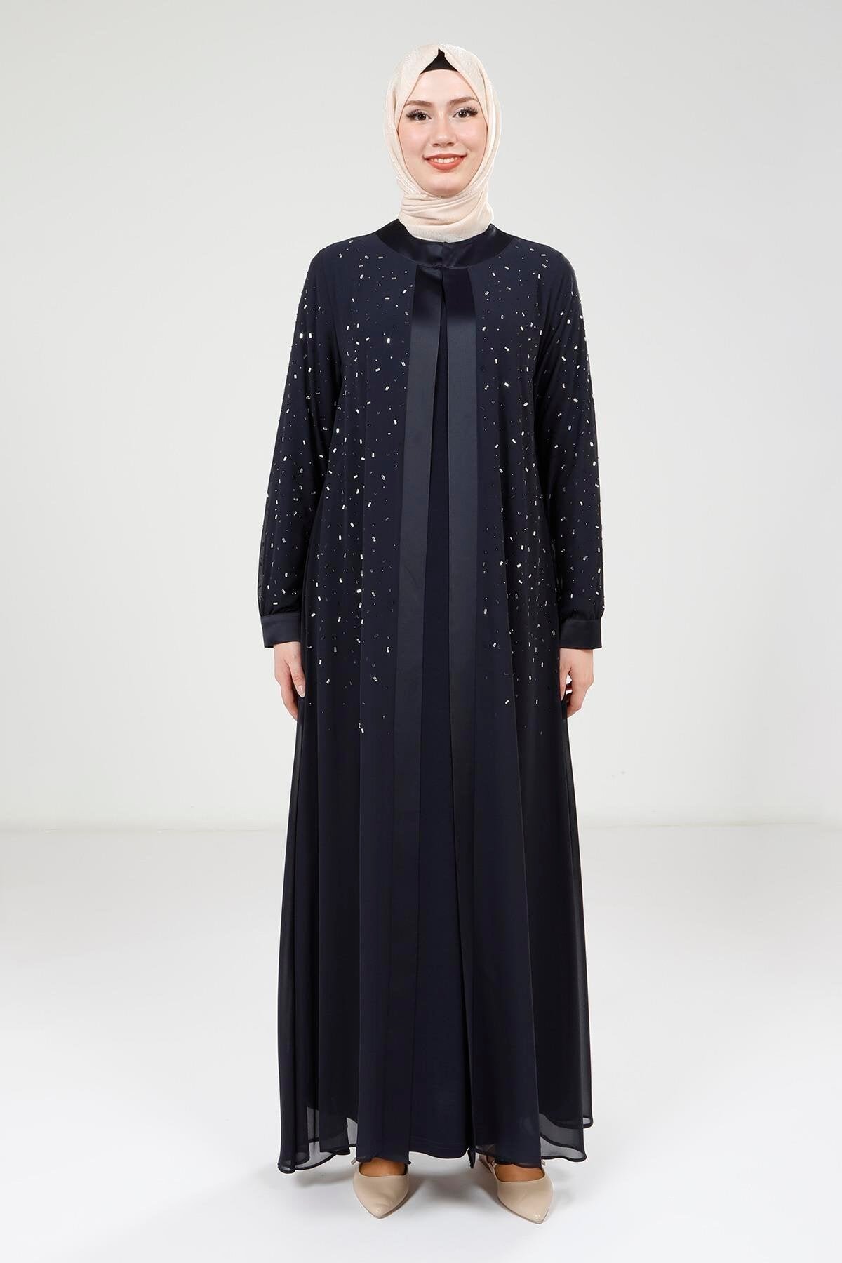 Chiffon Stone-Detail Abaya Set - Navy Blue - Beyza