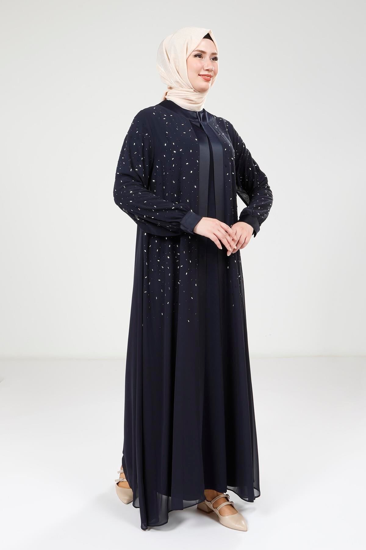 Chiffon Stone-Detail Abaya Set - Navy Blue - Beyza