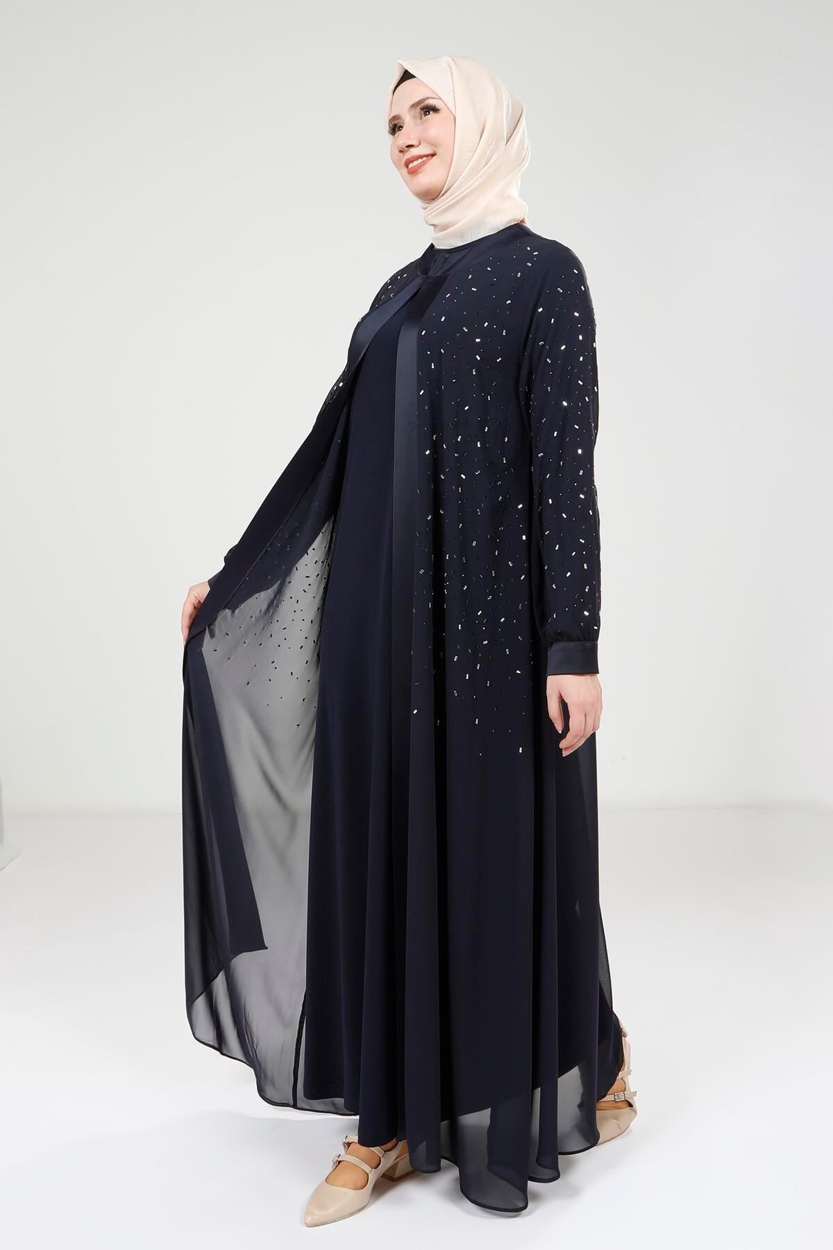 Chiffon Stone-Detail Abaya Set - Navy Blue - Beyza