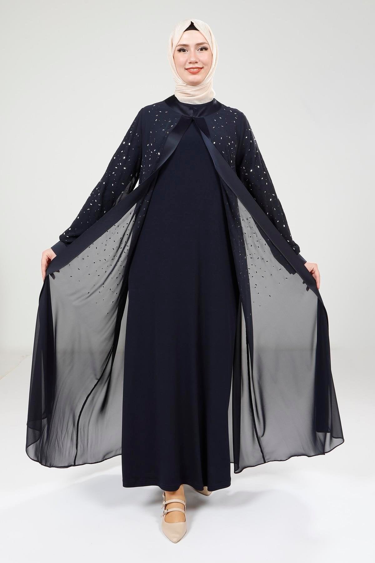 Chiffon Stone-Detail Abaya Set - Navy Blue - Beyza