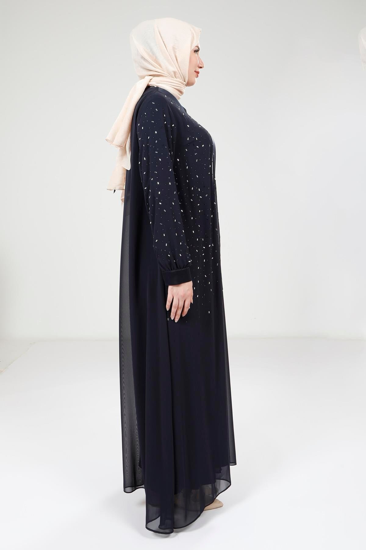 Chiffon Stone-Detail Abaya Set - Navy Blue - Beyza