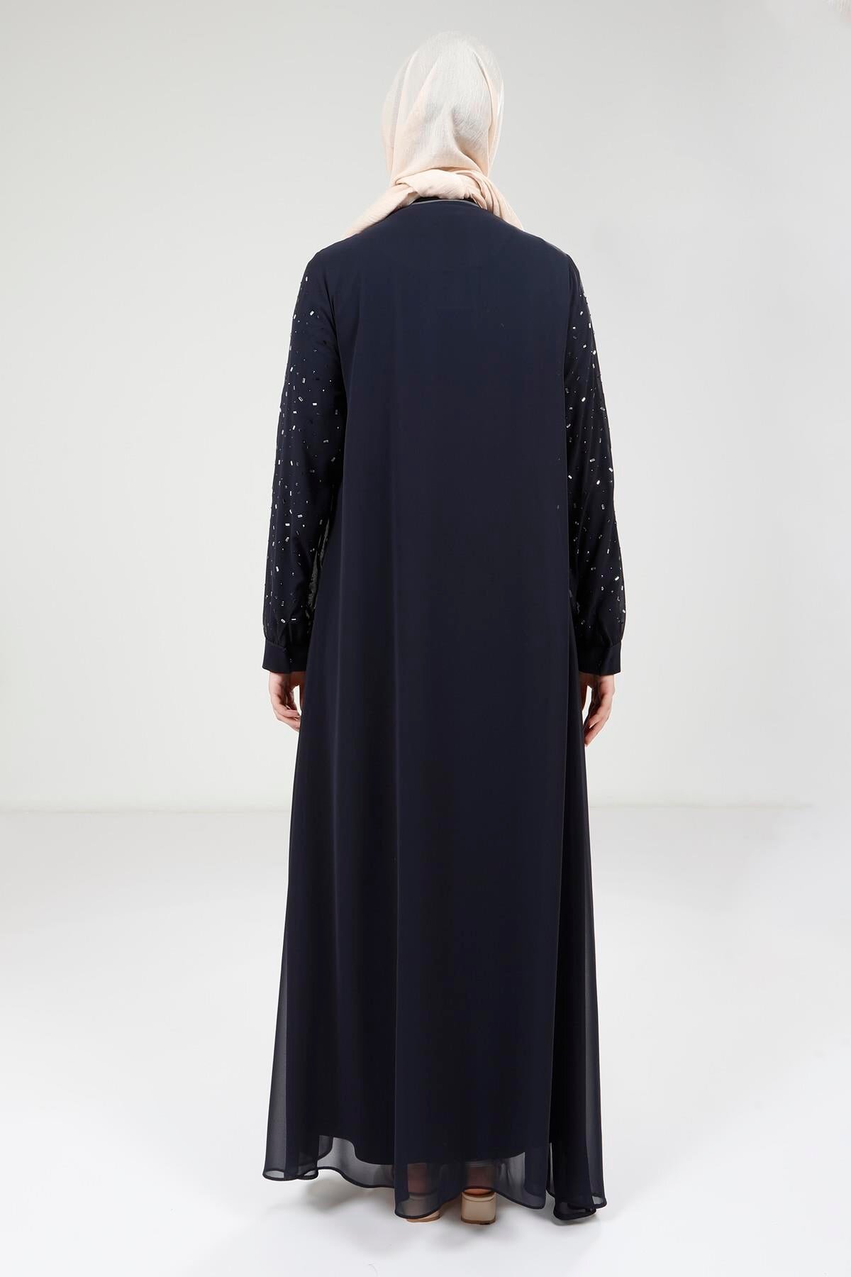 Chiffon Stone-Detail Abaya Set - Navy Blue - Beyza