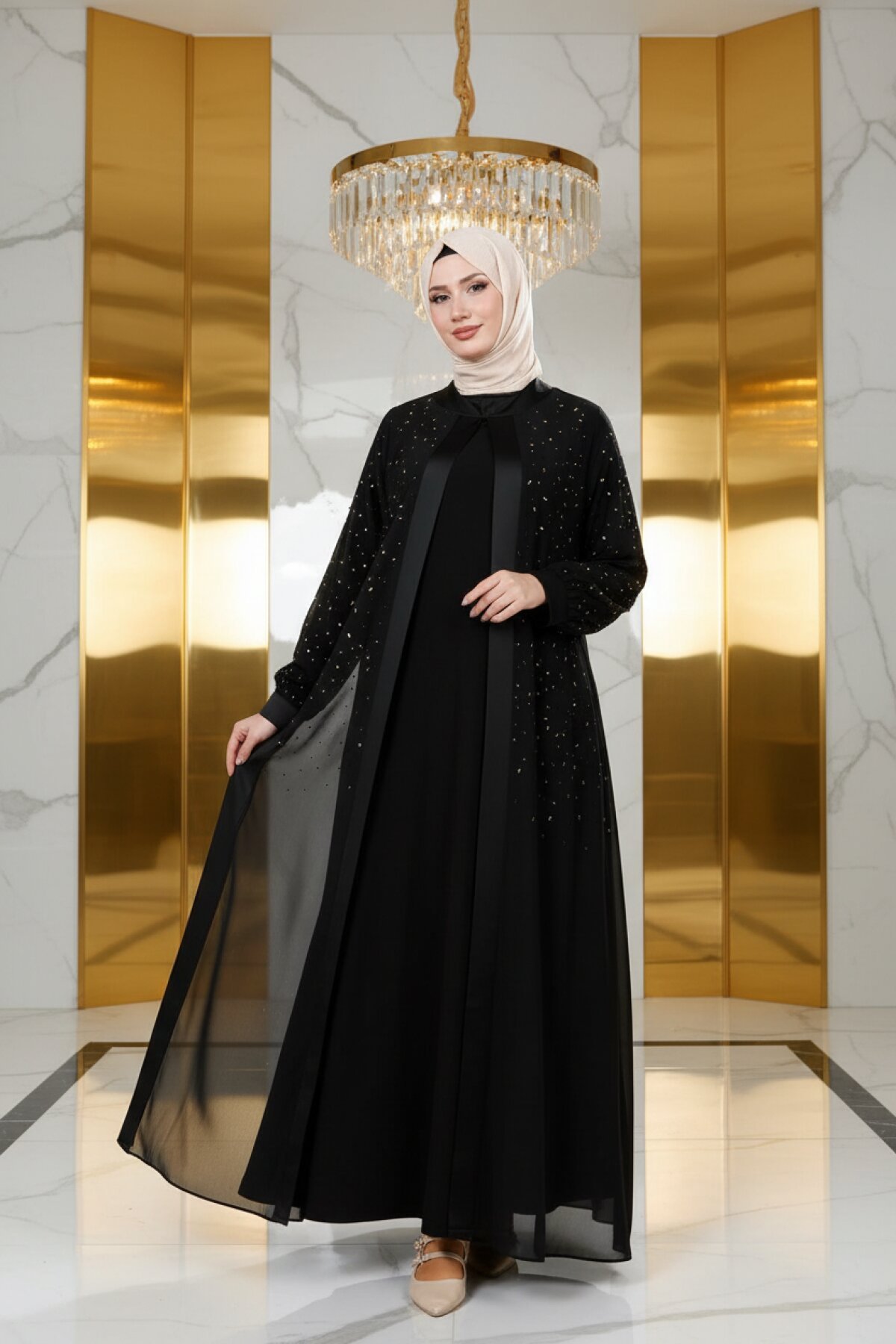 Siyah Şifon Taş Detaylı Ferace Takım - Beyza
