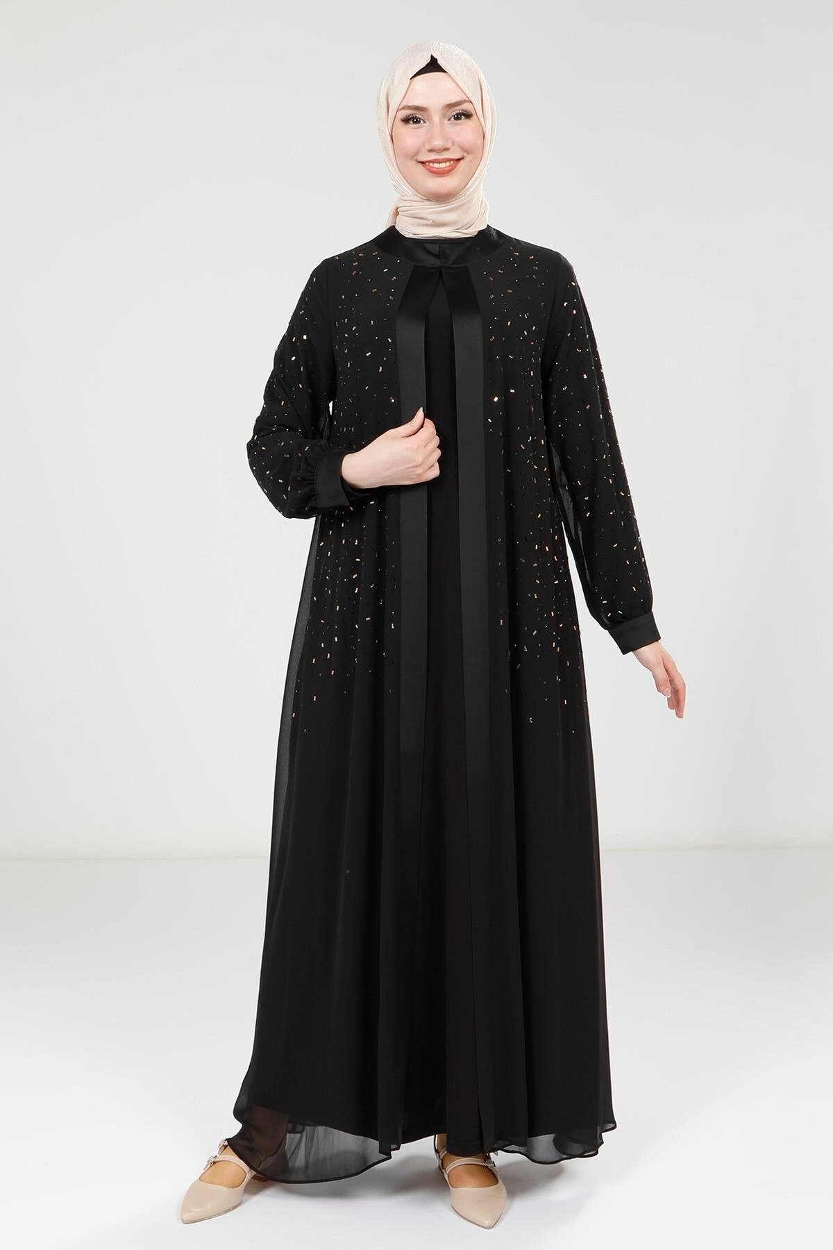 Chiffon Stone-Detailed Abaya Set - Black - Beyza