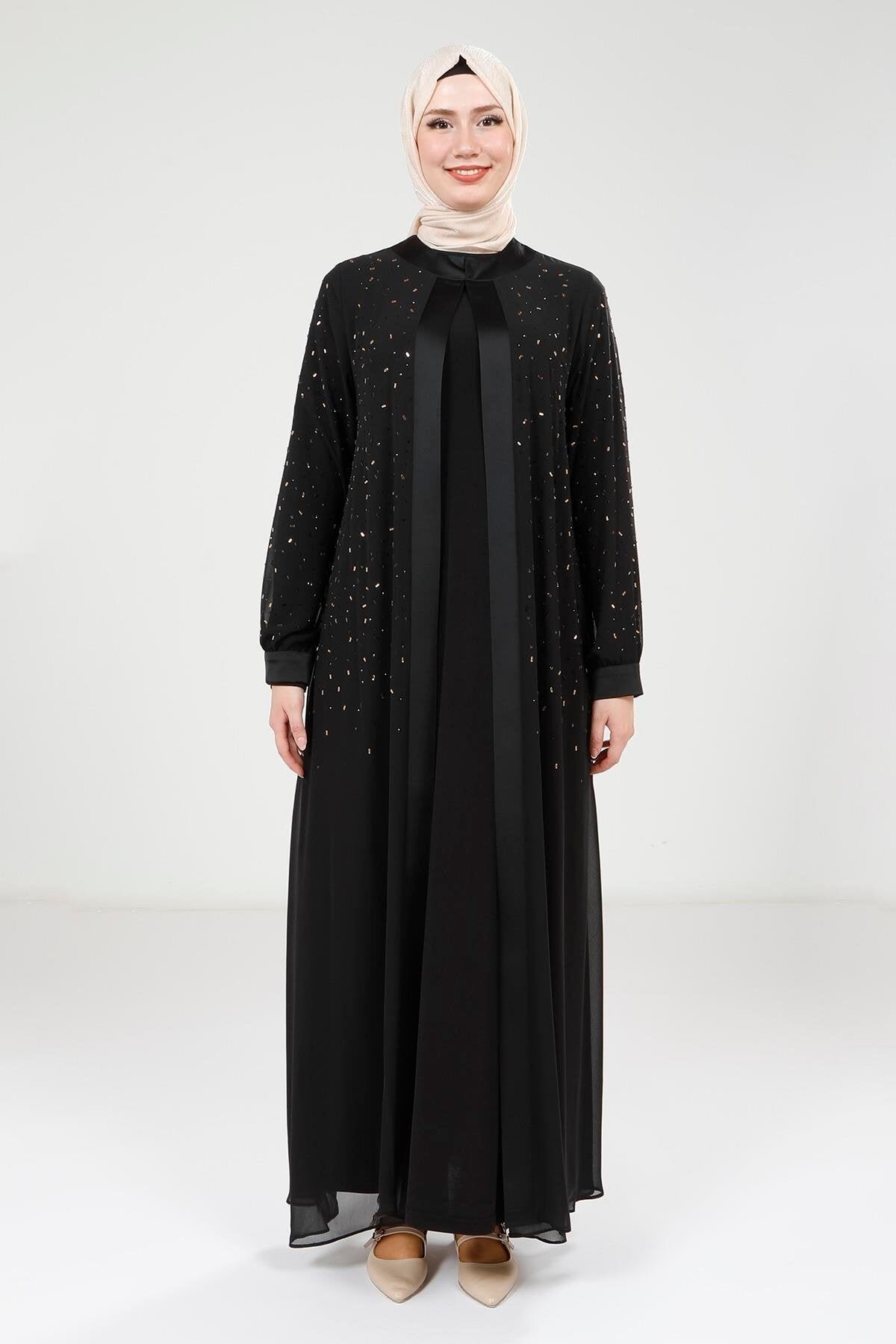 Chiffon Stone-Detailed Abaya Set - Black - Beyza