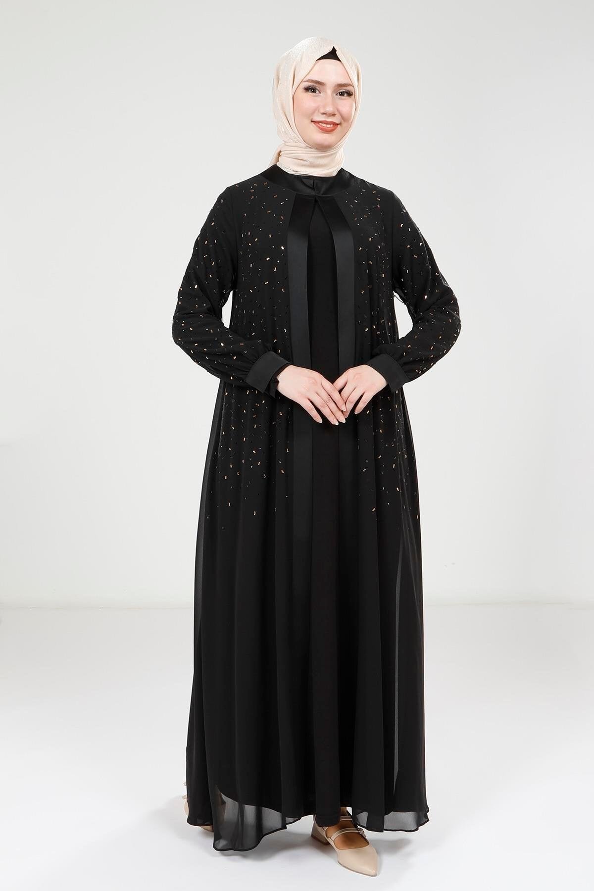 Chiffon Stone-Detailed Abaya Set - Black - Beyza