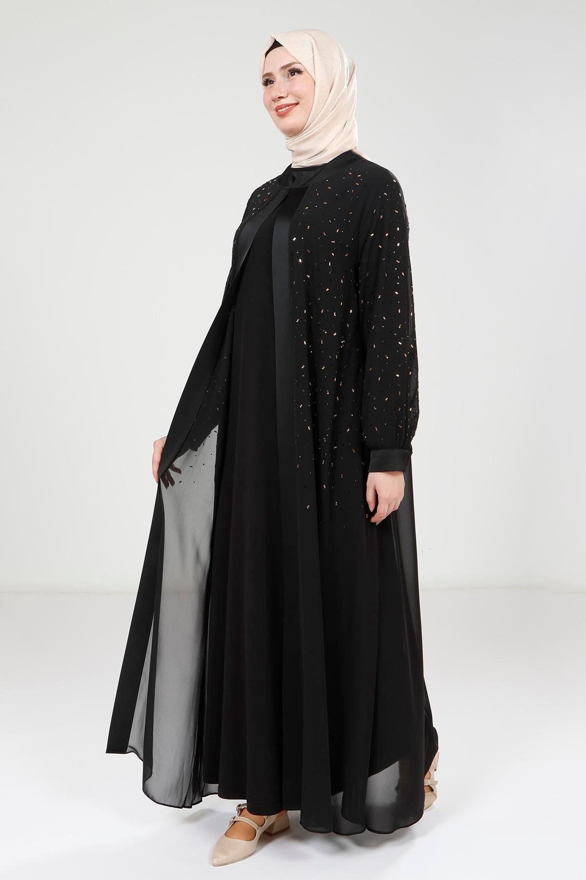 Chiffon Stone-Detailed Abaya Set - Black - Beyza