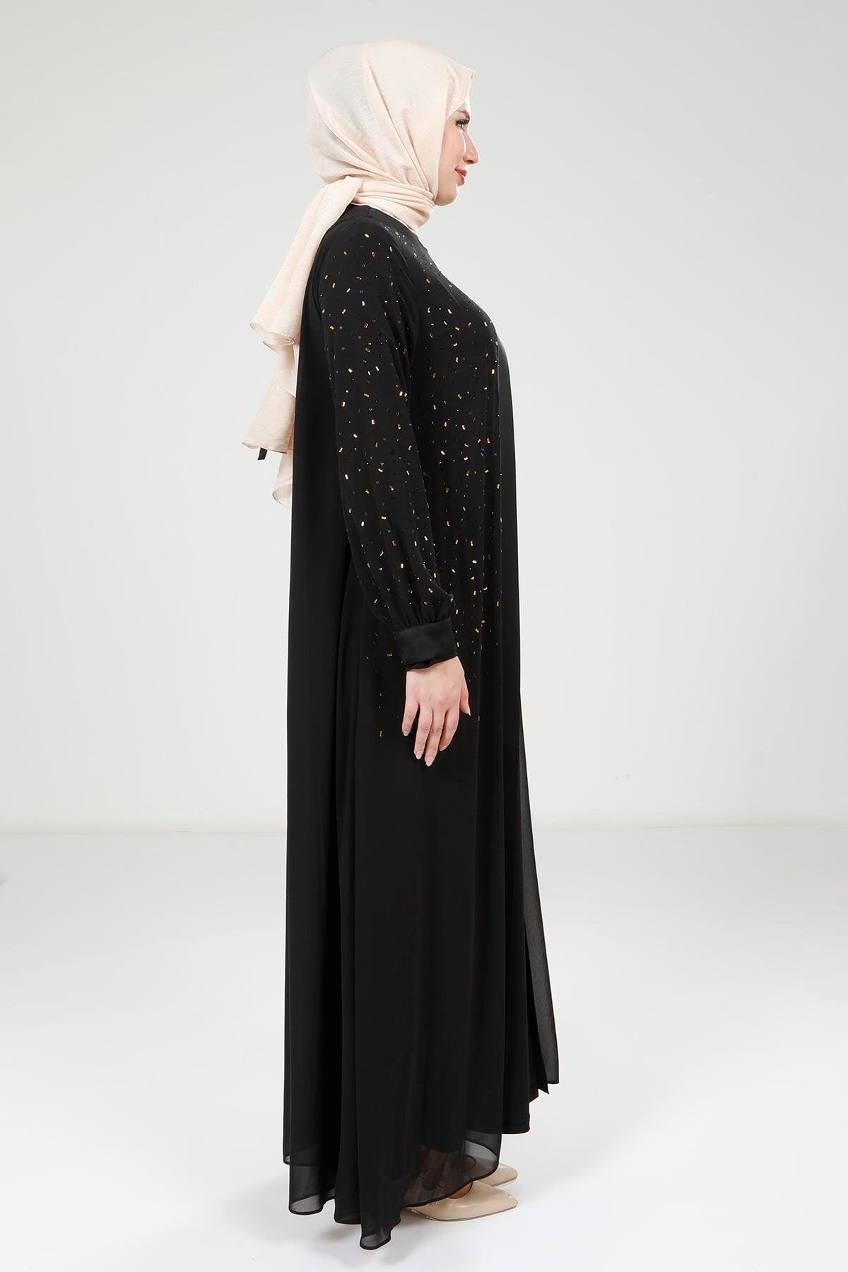 Chiffon Stone-Detailed Abaya Set - Black - Beyza