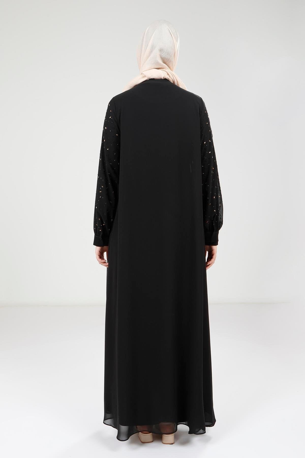 Chiffon Stone-Detailed Abaya Set - Black - Beyza