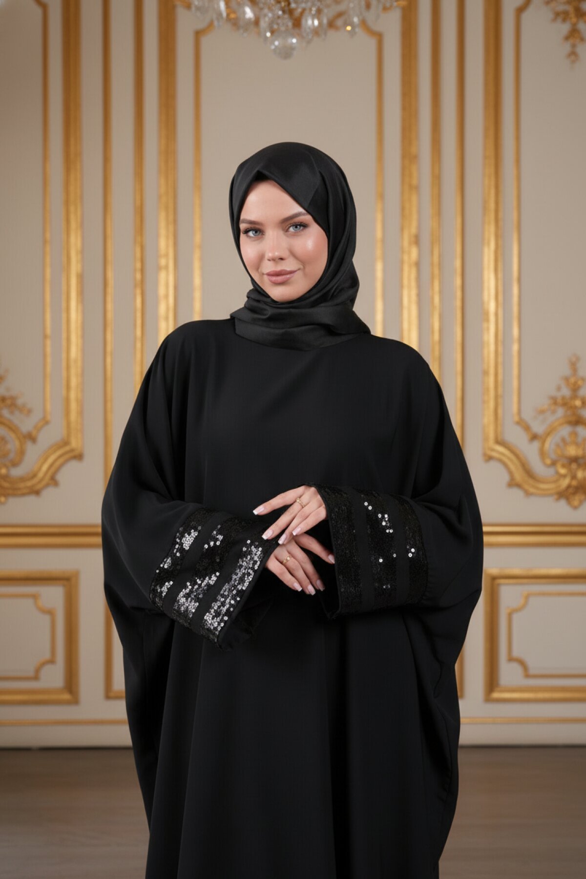 تونيك سهرة فضفاض بطول الركبة أسود بأكمام خفاش - Filizzade