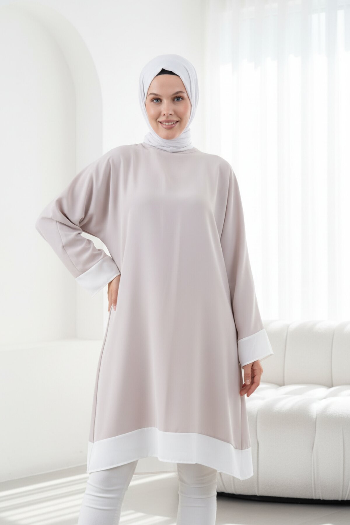 Knee-Length Loose-Fit Inset Tunic - Beige - Fzd Filizzade