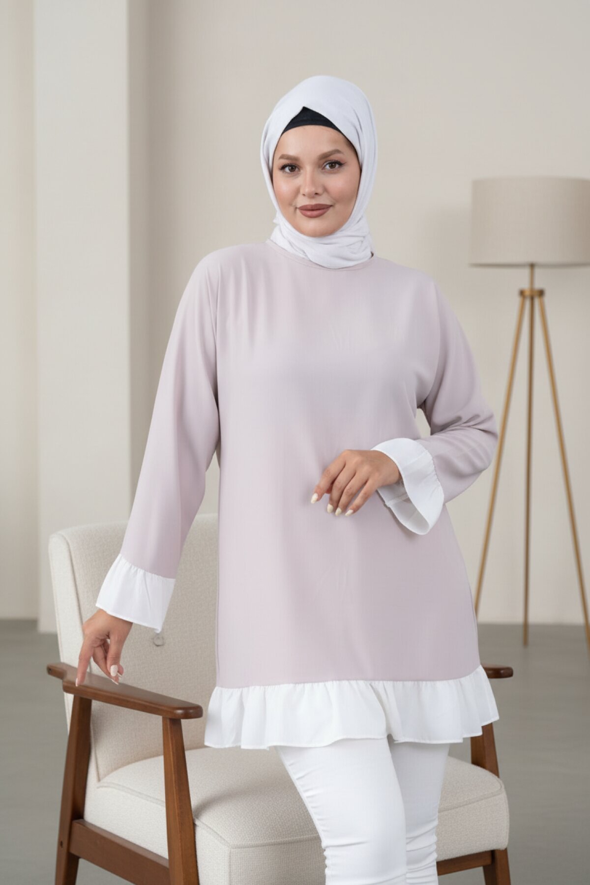 Loose Fit Ruffle Garnish Tunic - Beige - Fzd Filizzade
