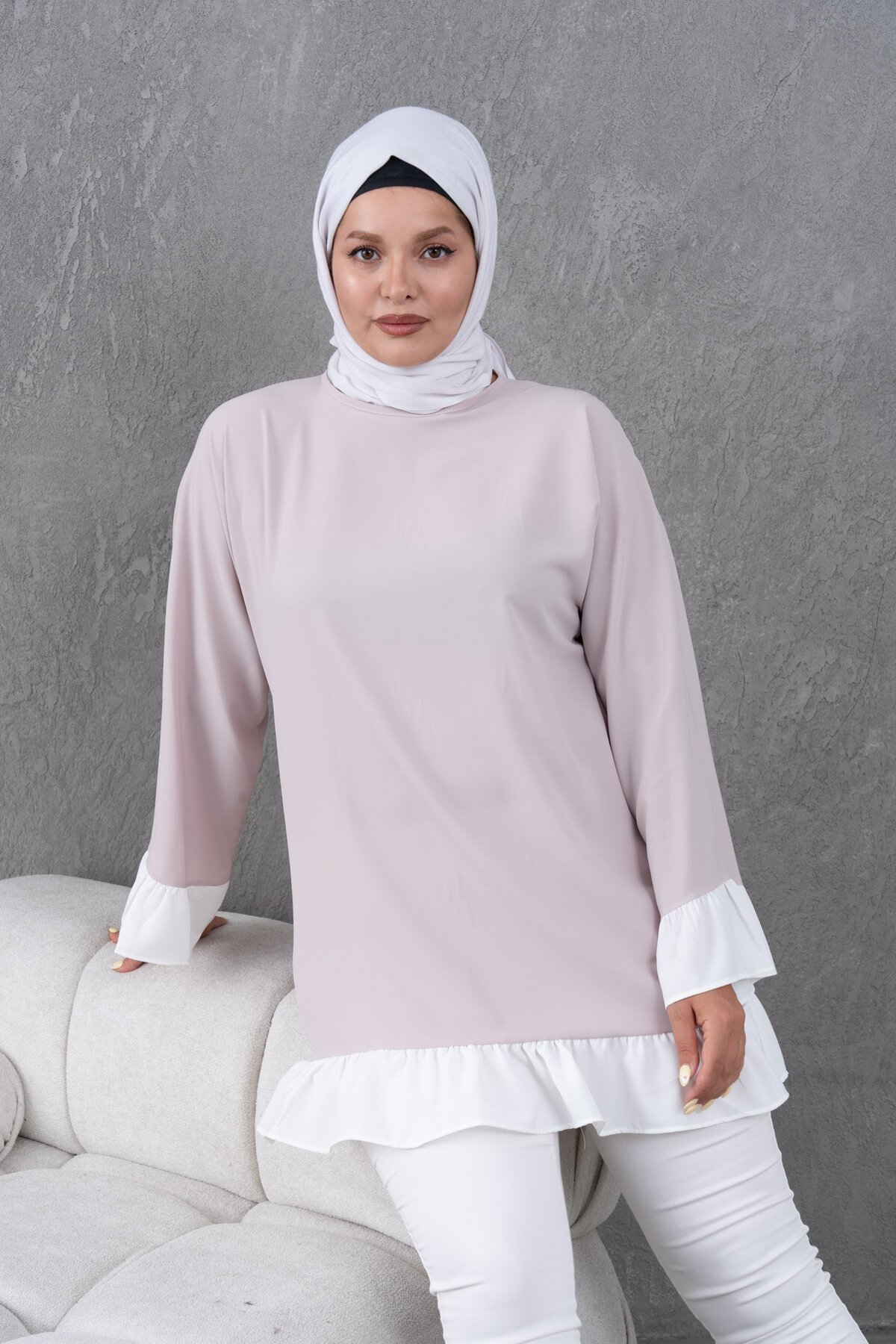 Bej Fırfırlı Salaş Garnili Tunik - Fzd Filizzade