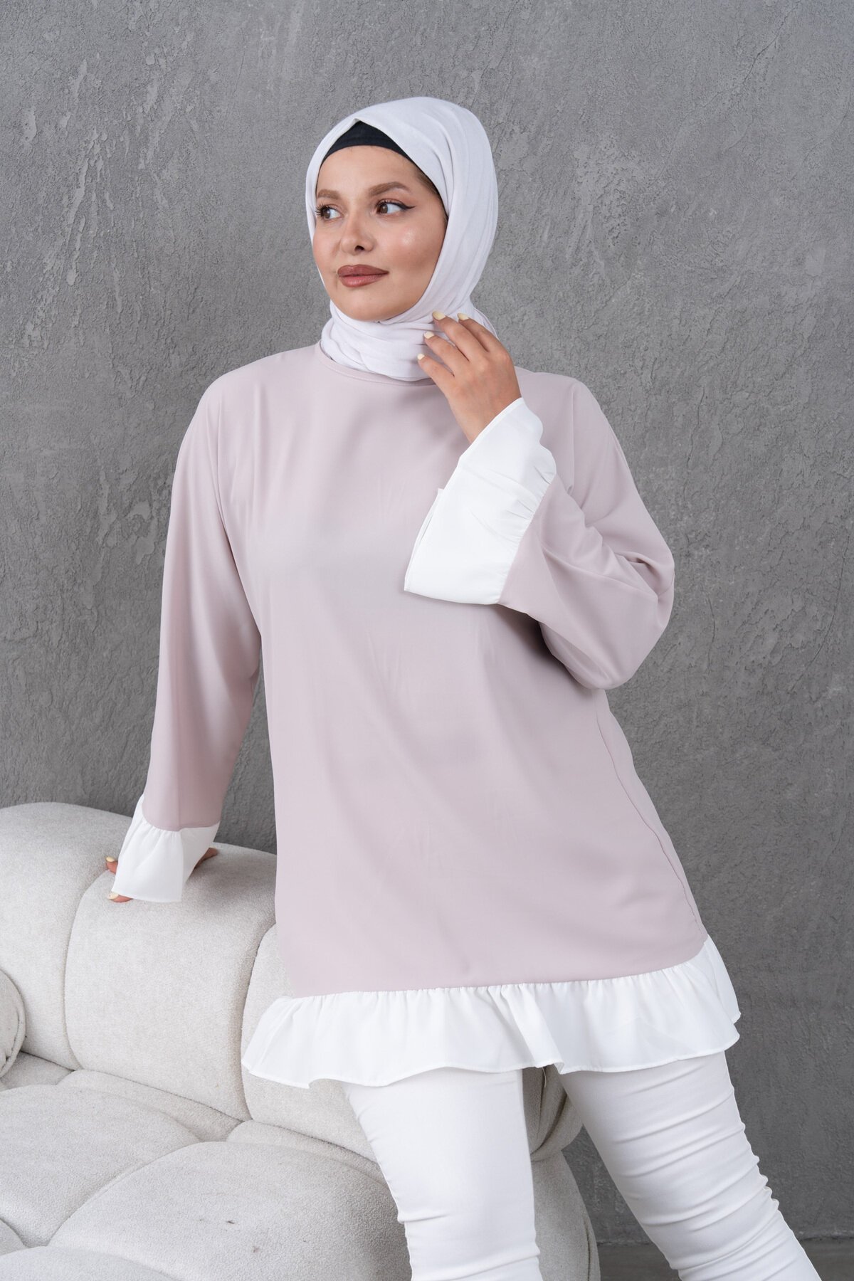 Bej Fırfırlı Salaş Garnili Tunik - Fzd Filizzade