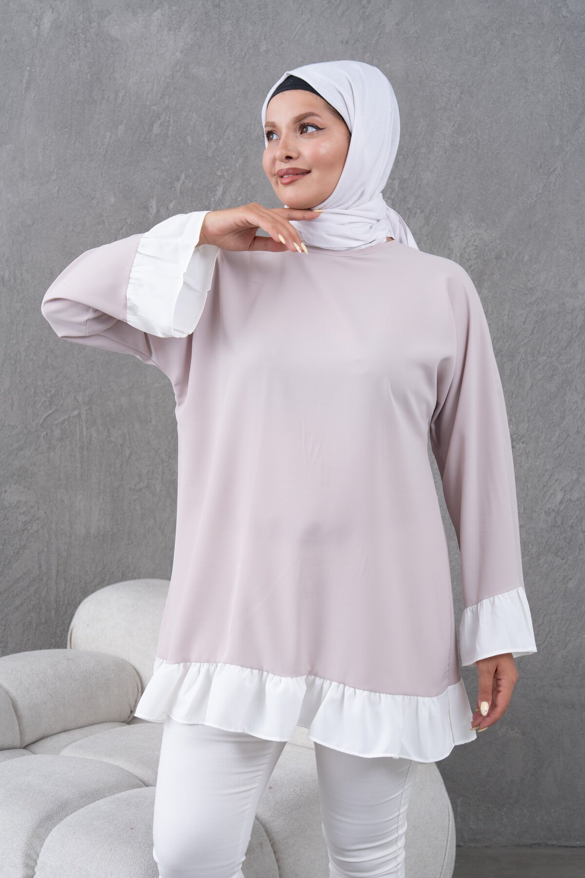 Bej Fırfırlı Salaş Garnili Tunik - Fzd Filizzade
