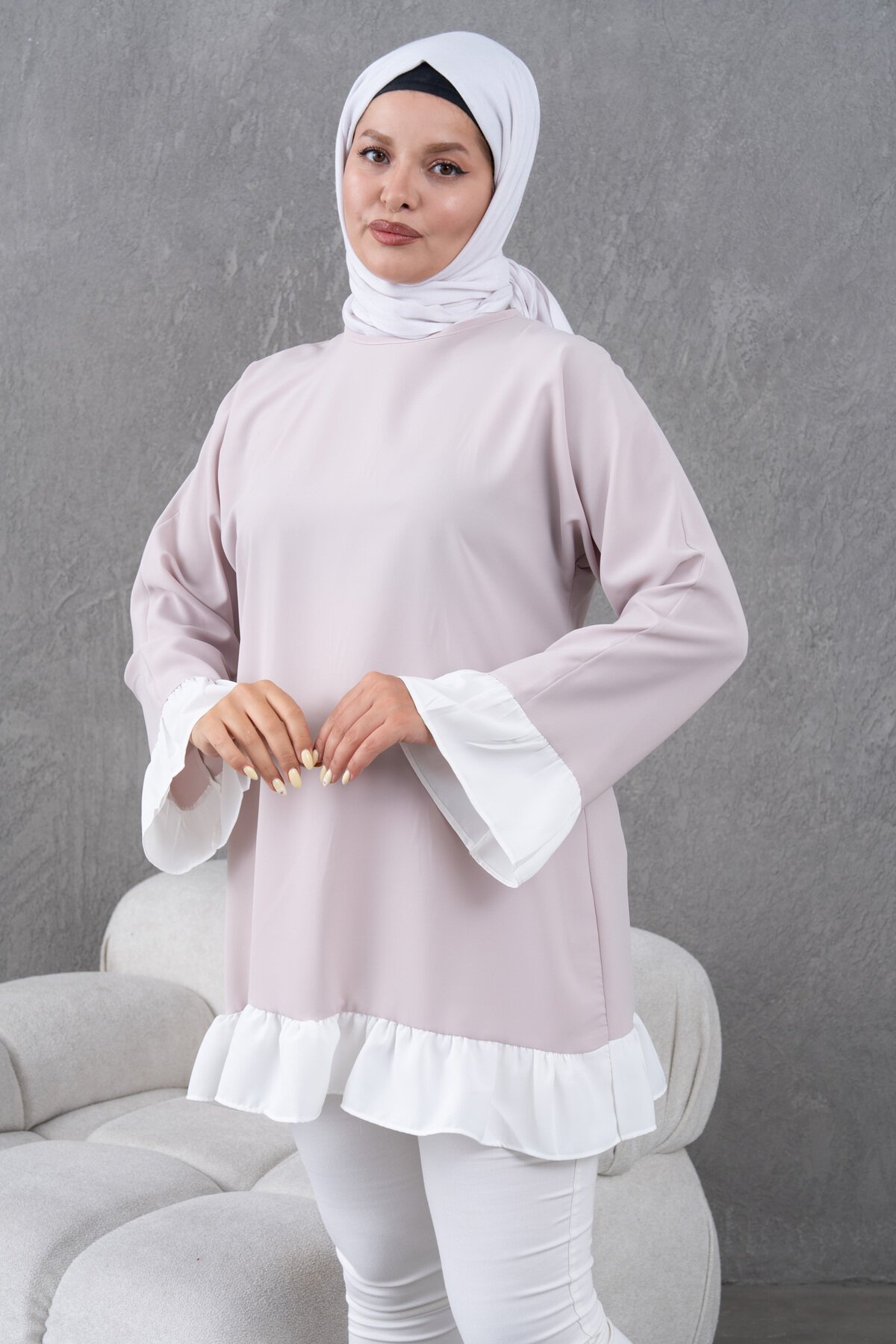 Bej Fırfırlı Salaş Garnili Tunik - Fzd Filizzade