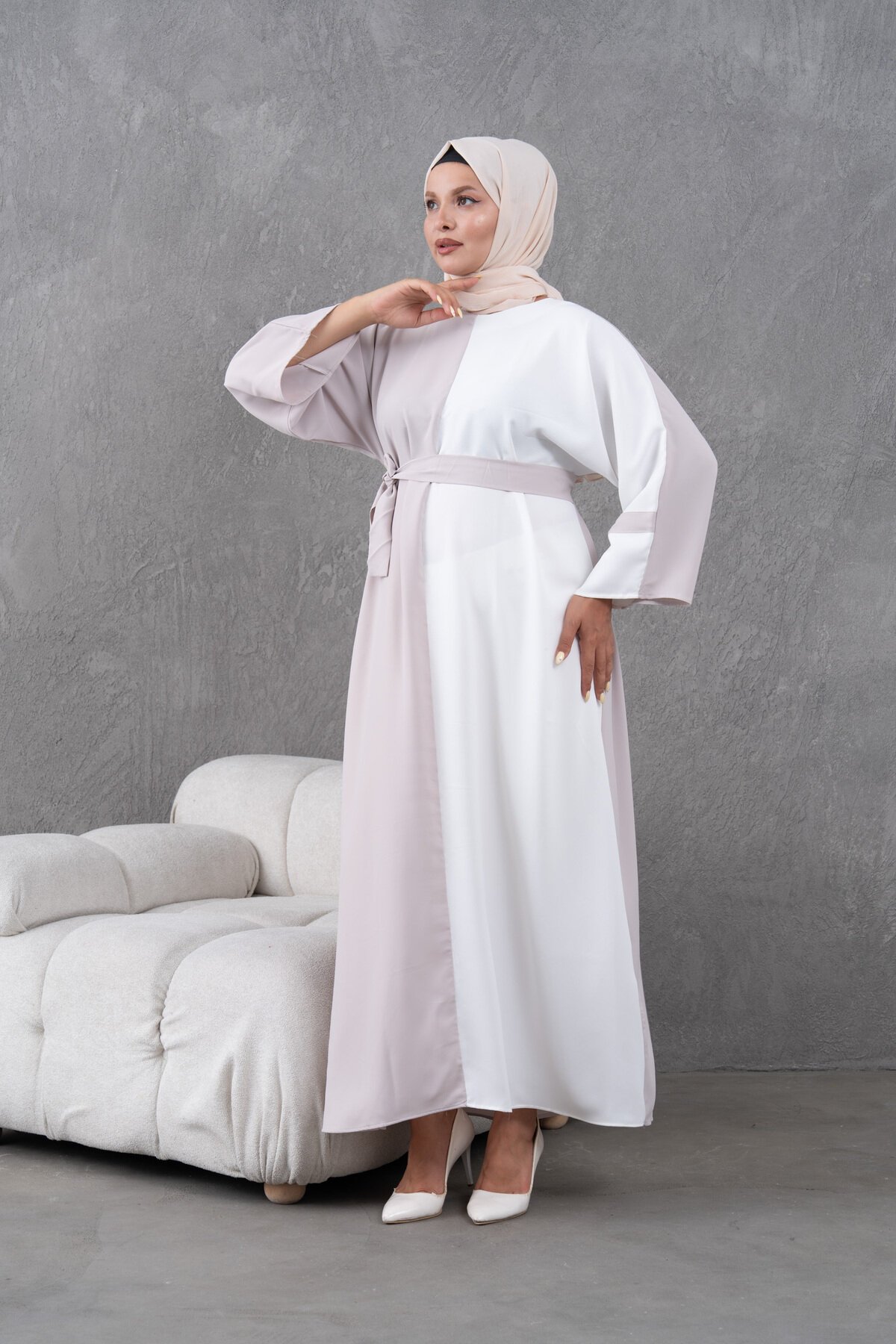 Loose Fit Panelled Special Occasion Dress - Beige - Fzd Filizzade