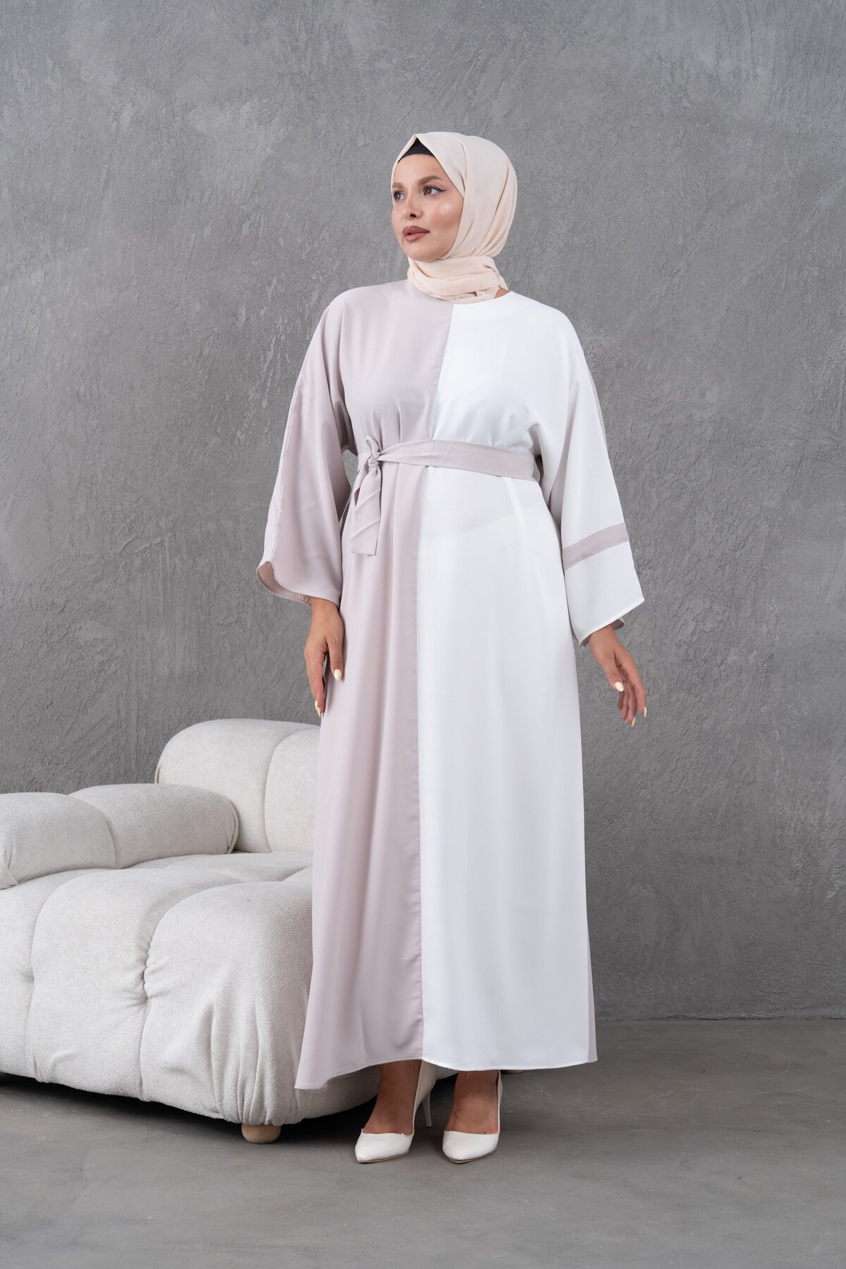 Loose Fit Panelled Special Occasion Dress - Beige - Fzd Filizzade