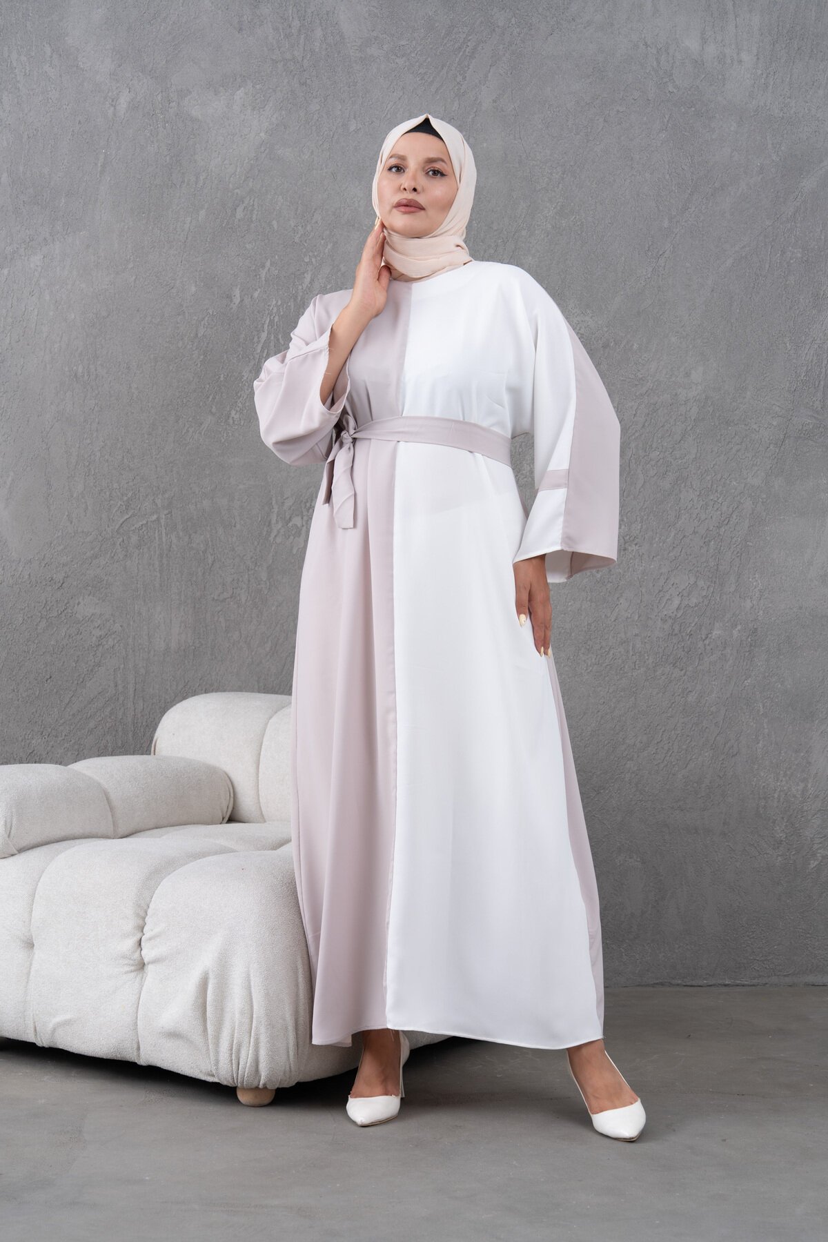 Loose Fit Panelled Special Occasion Dress - Beige - Fzd Filizzade