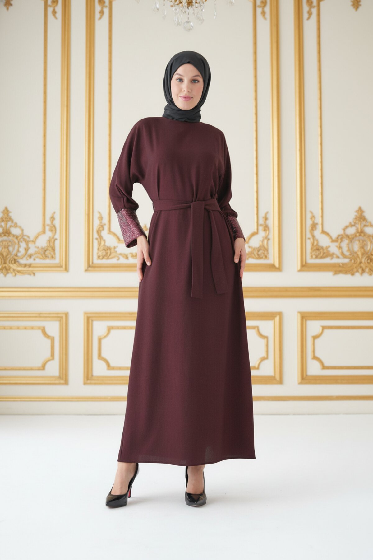 Accessory Cuff Detail Evening Dress - Burgundy - Fzd Filizzade
