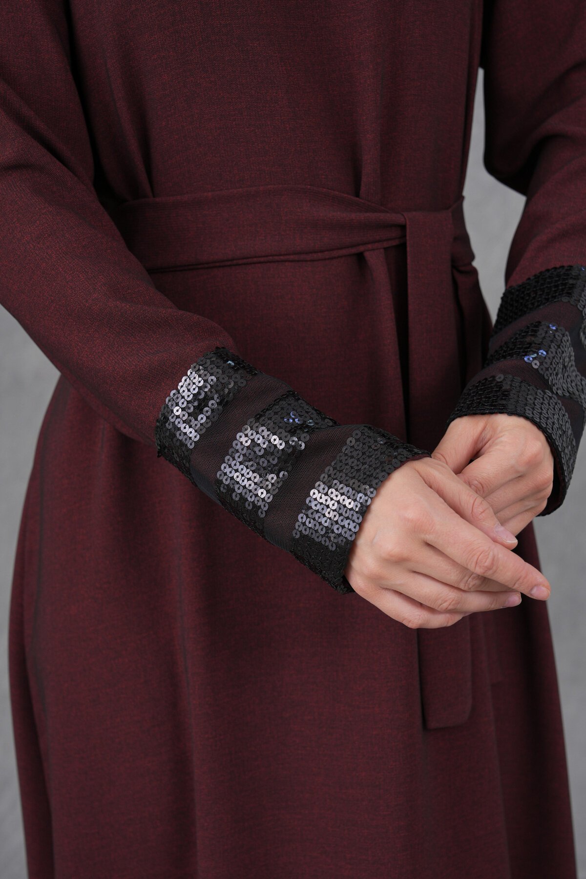 Belted Sequin-Trimmed Dress - Burgundy - Fzd Filizzade