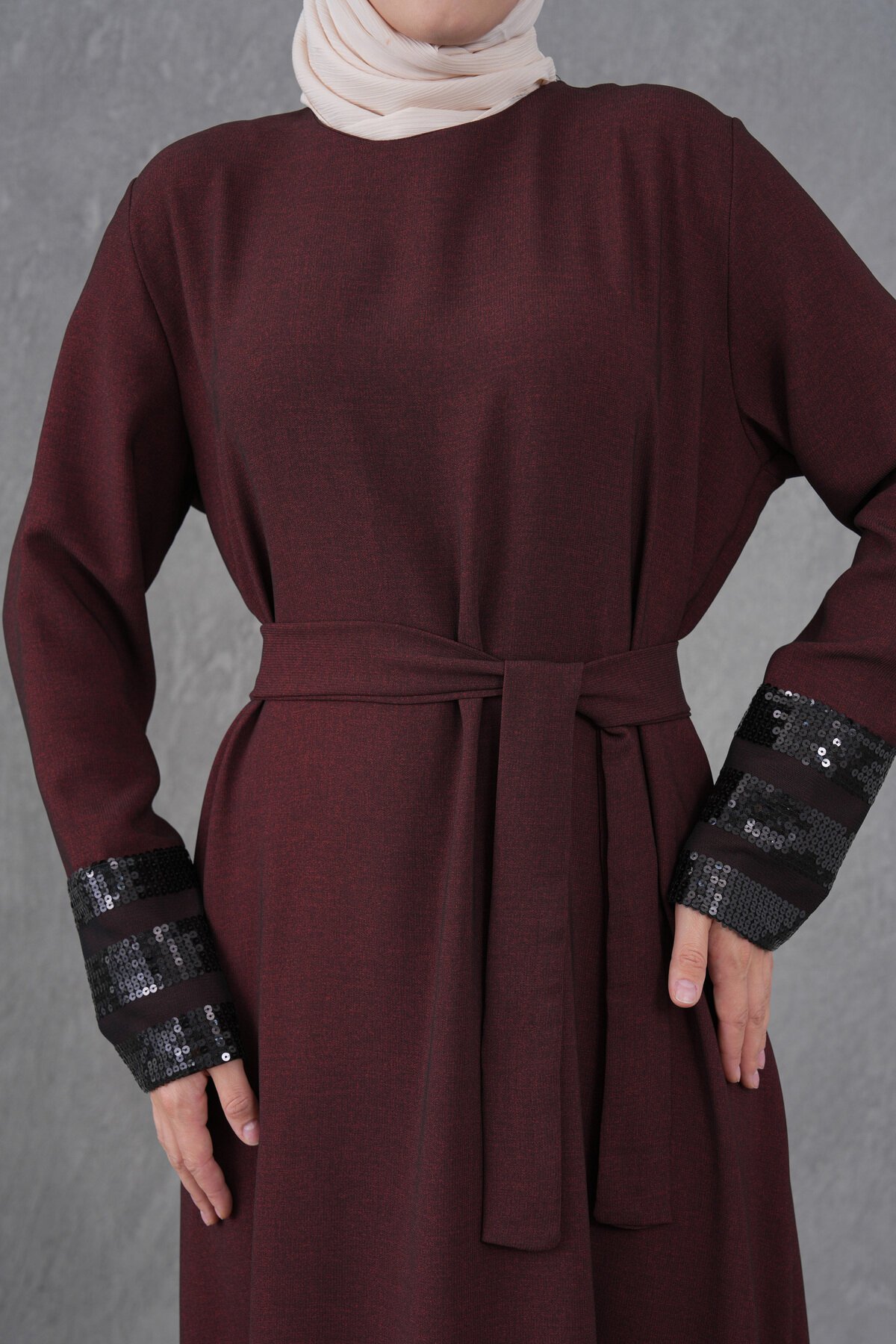 Belted Sequin-Trimmed Dress - Burgundy - Fzd Filizzade