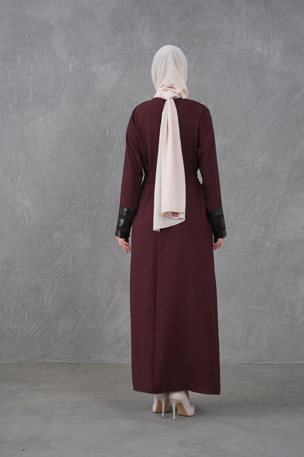 Belted Sequin-Trimmed Dress - Burgundy - Fzd Filizzade
