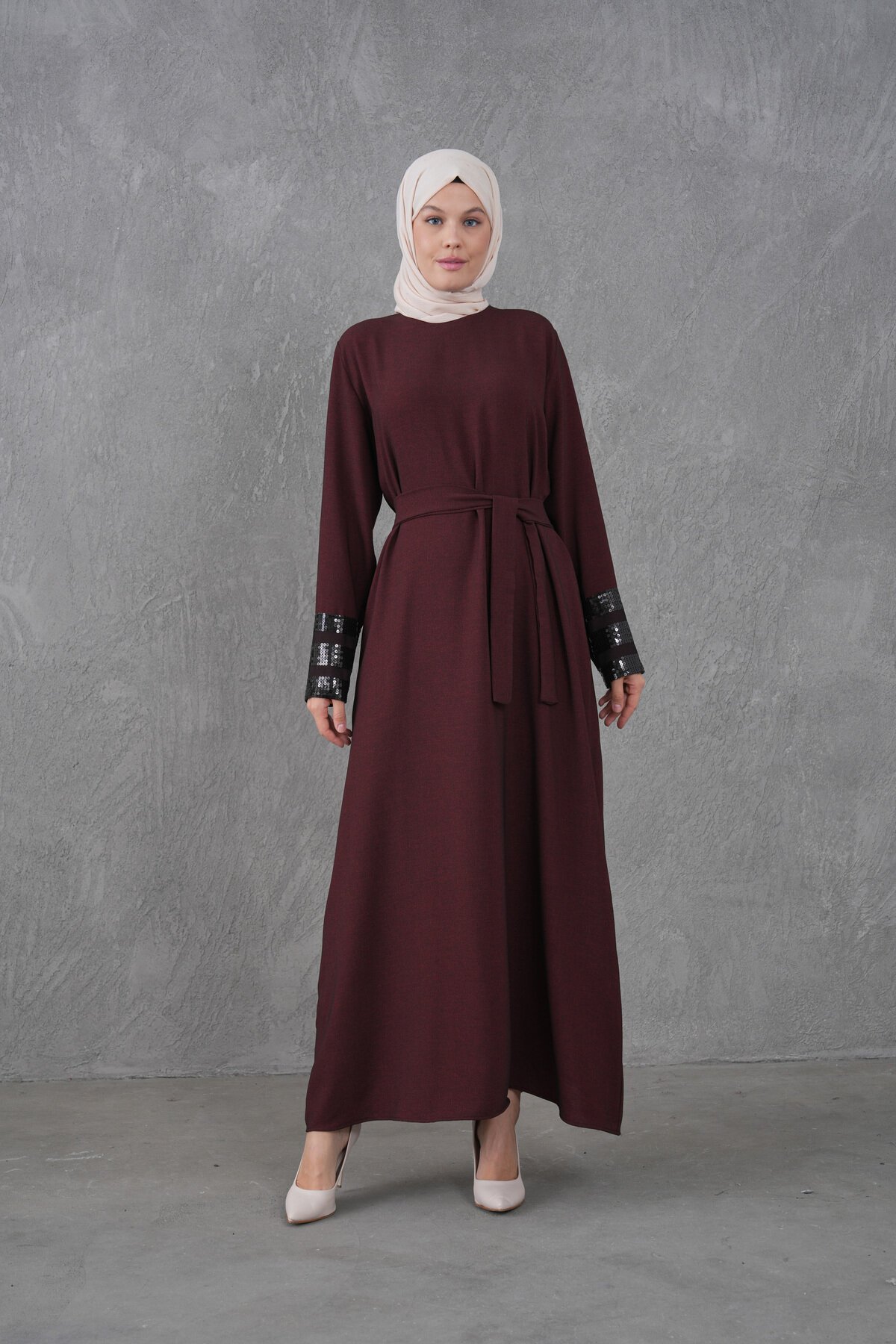 Belted Sequin-Trimmed Dress - Burgundy - Fzd Filizzade