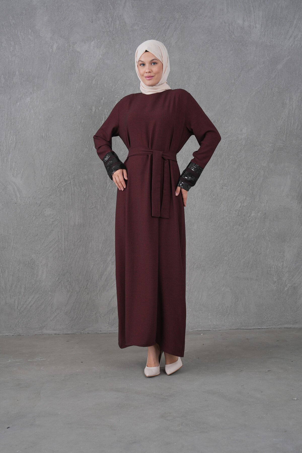 Belted Sequin-Trimmed Dress - Burgundy - Fzd Filizzade