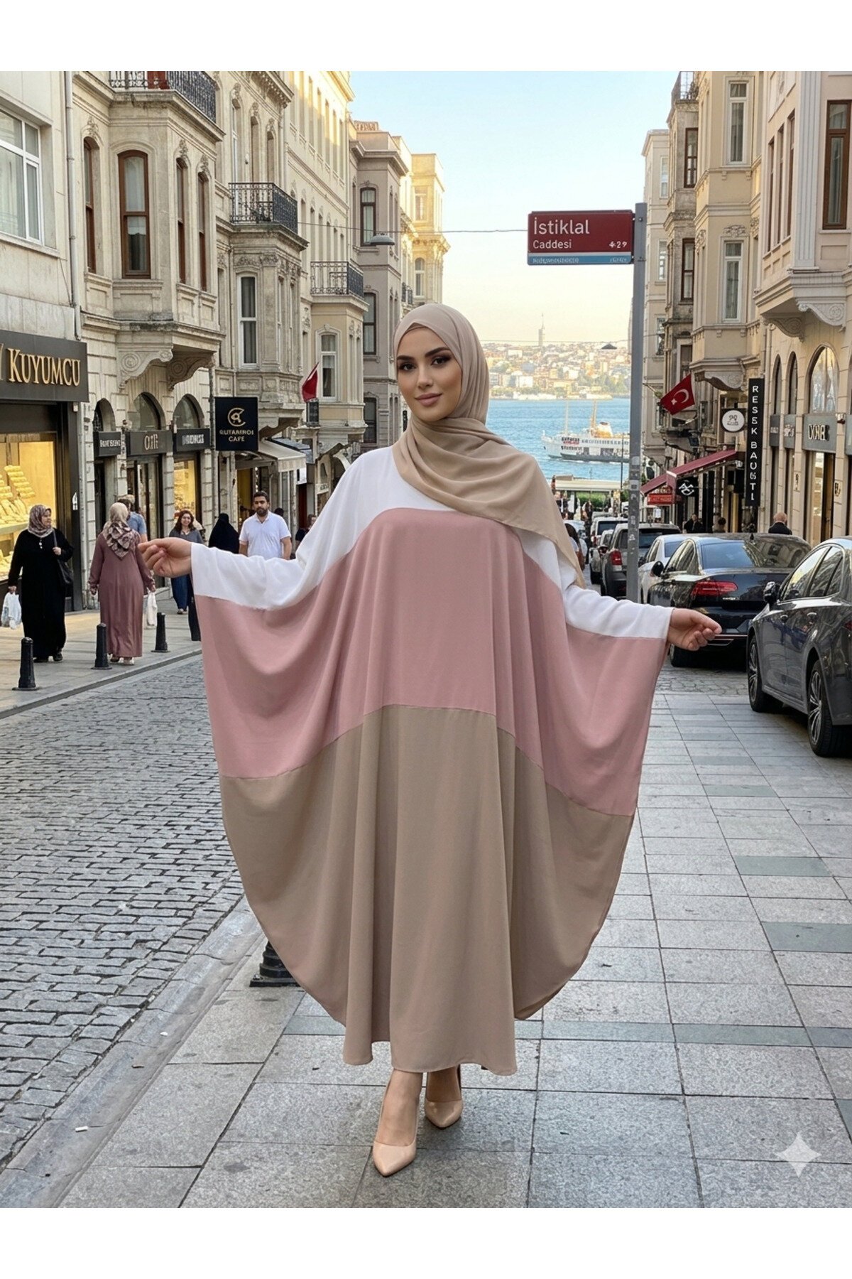 Ekru Camel Büyük Beden Özel Gün Elbise Ferace - Fzd Filizzade