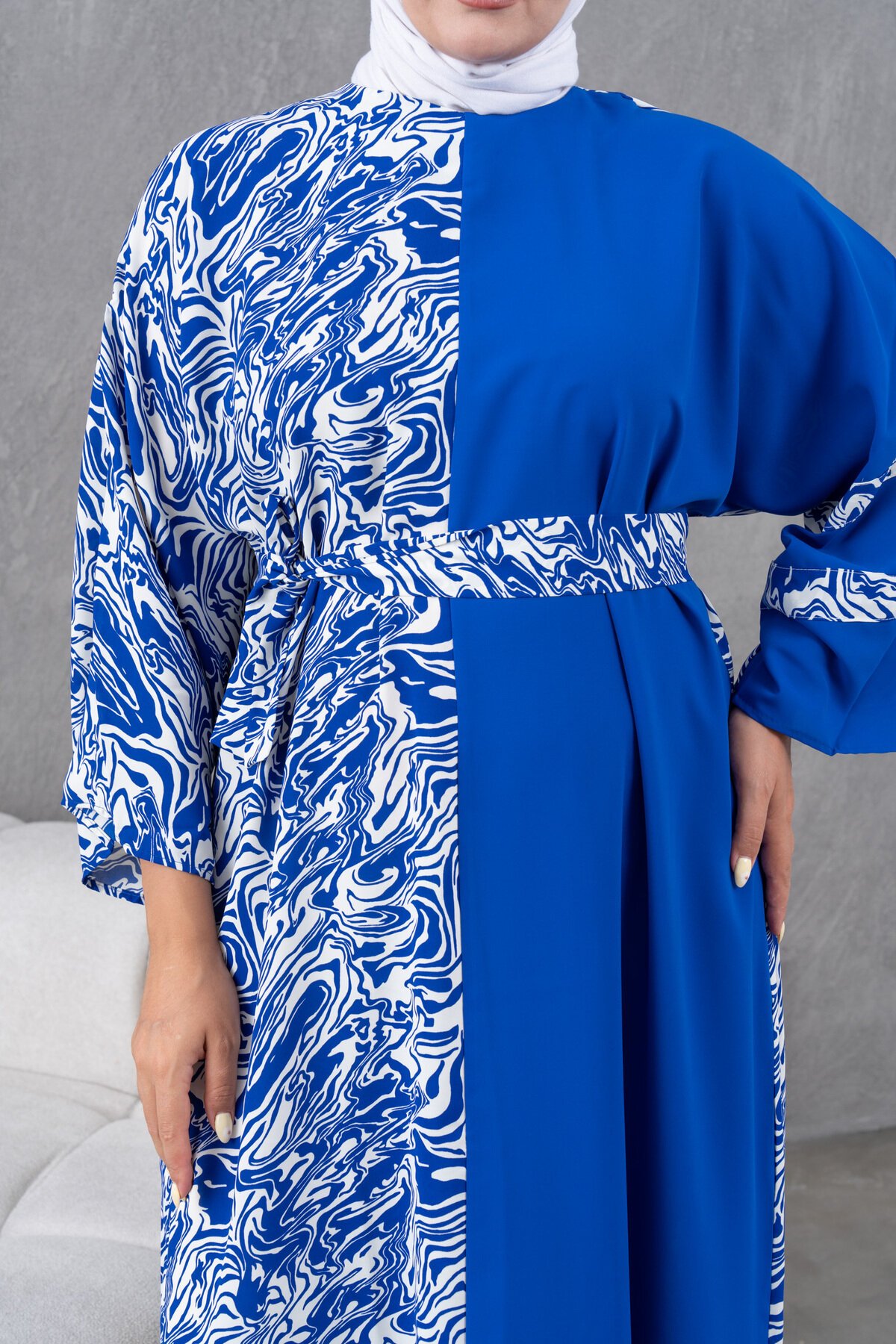 فستان فضفاض أزرق ليلي بنقشة وتفاصيل غارني - Fzd Filizzade