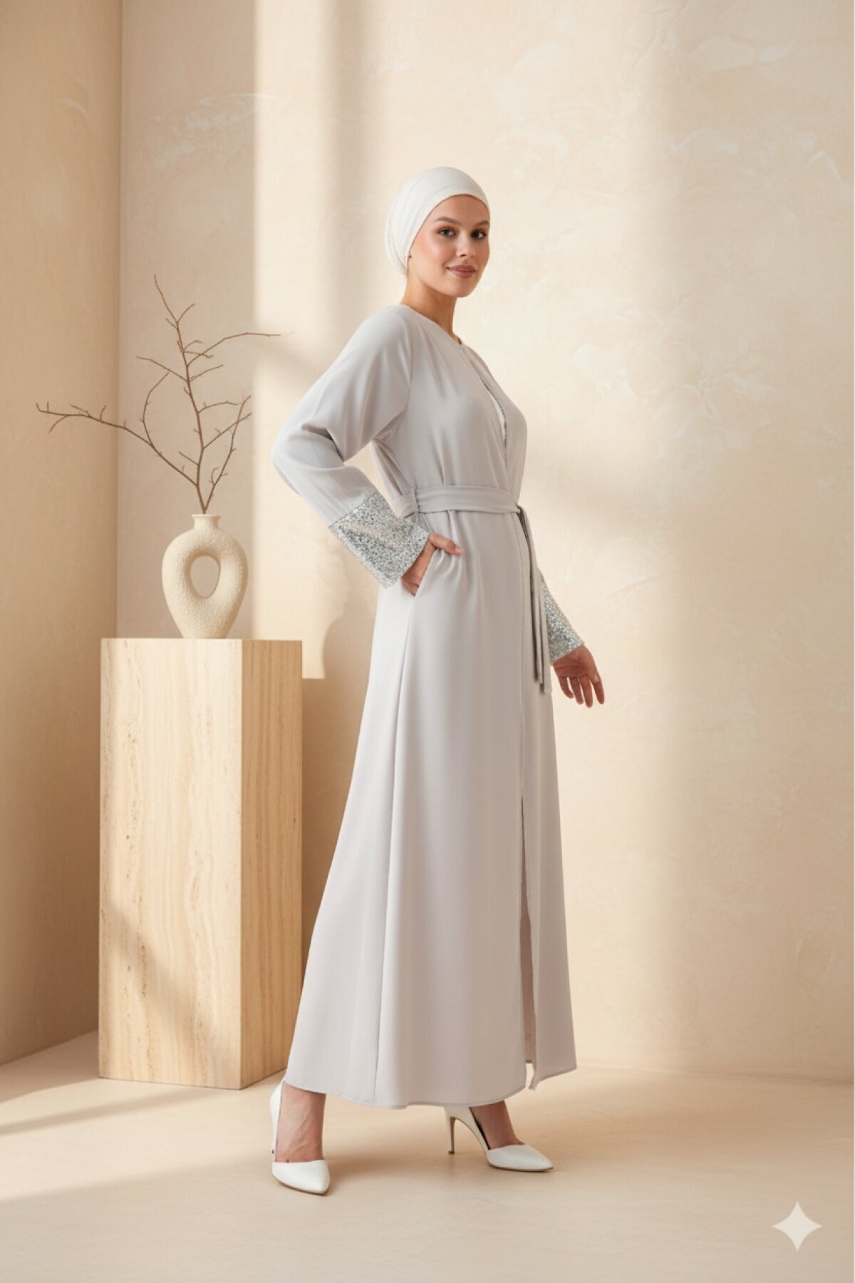 Gri Kuşaklı Önü Açık Abaya Ferace - Fzd Filizzade