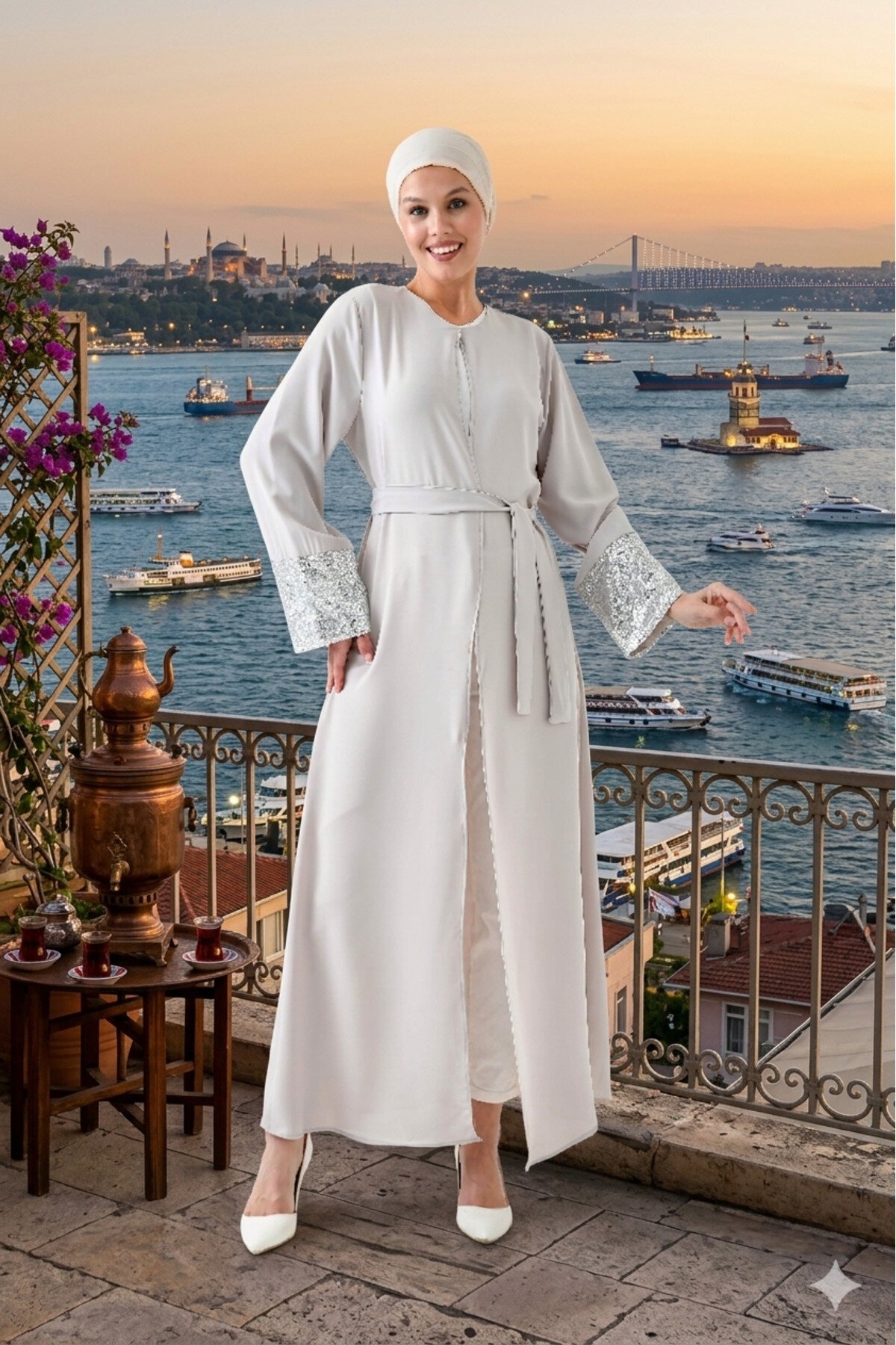 Gri Kuşaklı Önü Açık Abaya Ferace - Fzd Filizzade