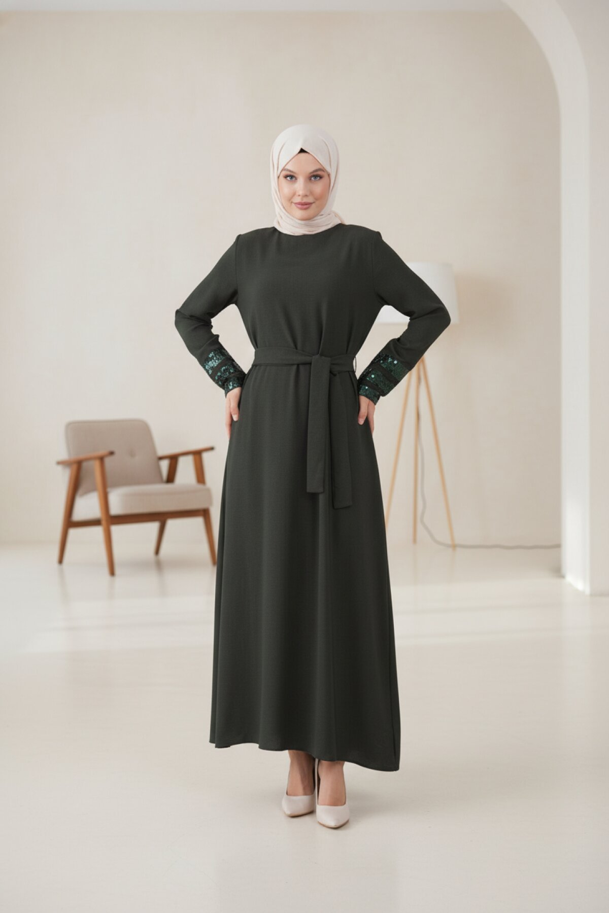 Sequin Inlay Detail Belted Dress - Khaki - Fzd Filizzade