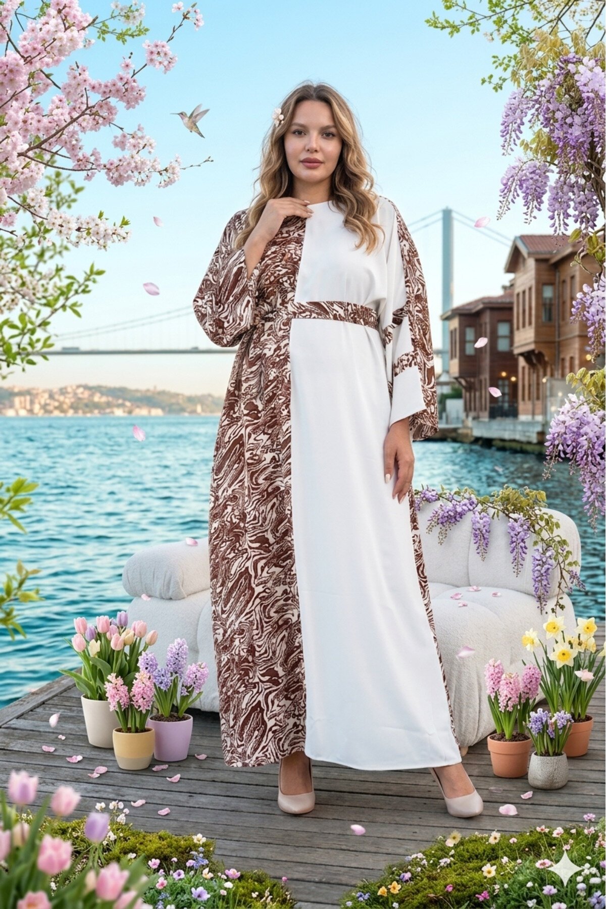 Kahve Ekru Desenli Garnili Kuşaklı Elbise - Fzd Filizzade